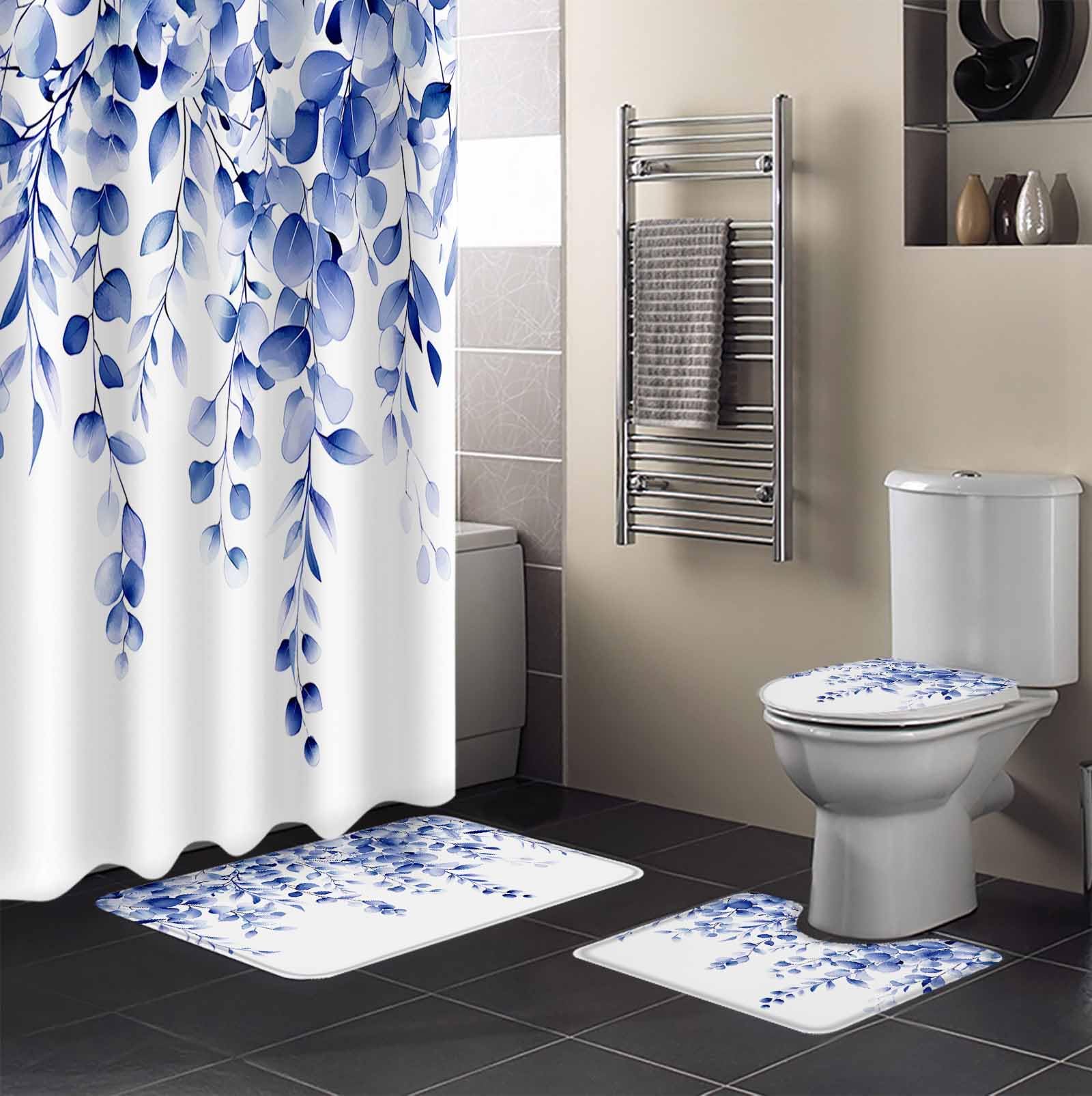 Blue Eucalyptus Bathroom Set with Shower Curtain and Rug Accessories - 36x72 Inches Long Botanical Plant Rustic Succulent Branch Stall Curtain Waterproof with Small Bath Mat,Washable Runner Rug Set
