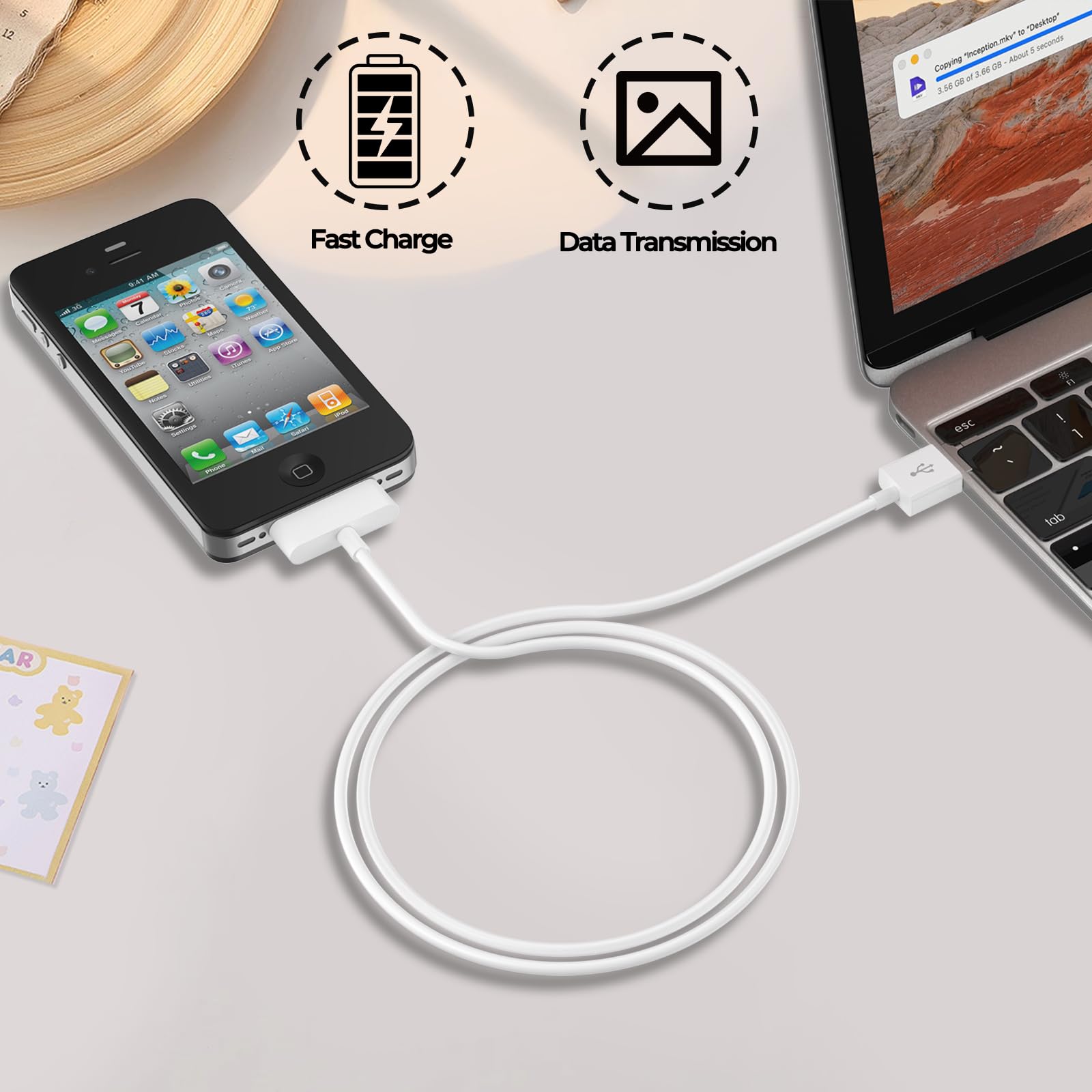 Vancle Cable de Carga USB 30 Pines Compatible con iPhone 4 4s 3G 3Gs, iPad 3 2 1, iPod Touch 4 3 2 1, iPod Classic 3 2 1, Cargador Rápido Cable de Carga de Repuesto Portátil (1m)