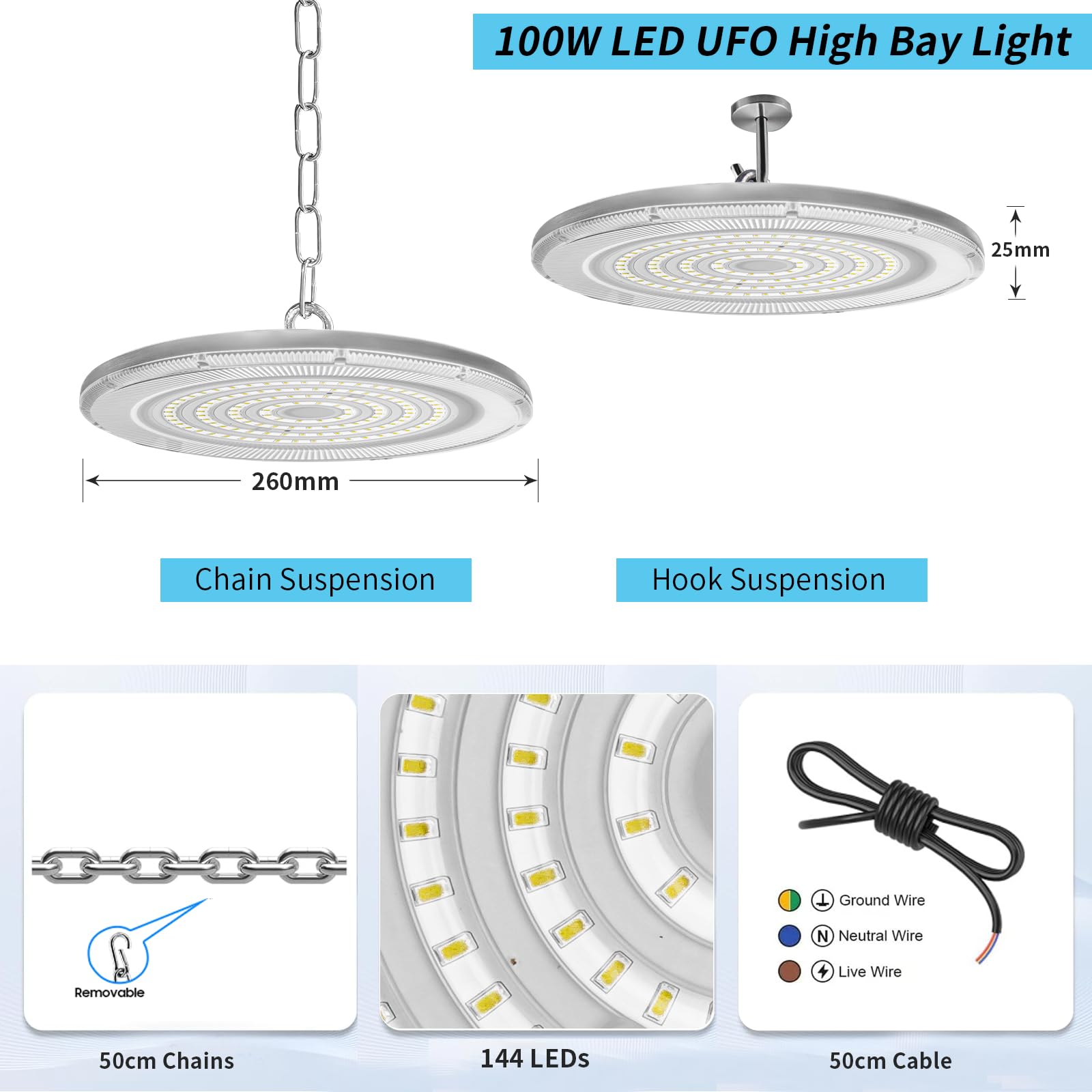 Faretto LED UFO 100W,10000LM Faretti LED Soffitto Lampadario Bianco Freddo 6500K,IP65 Impermeabile UFO Lampada Officina,Industriale Plafoniera High Bay per Garage,Magazzini,Fabbrica,Gym-4pcs