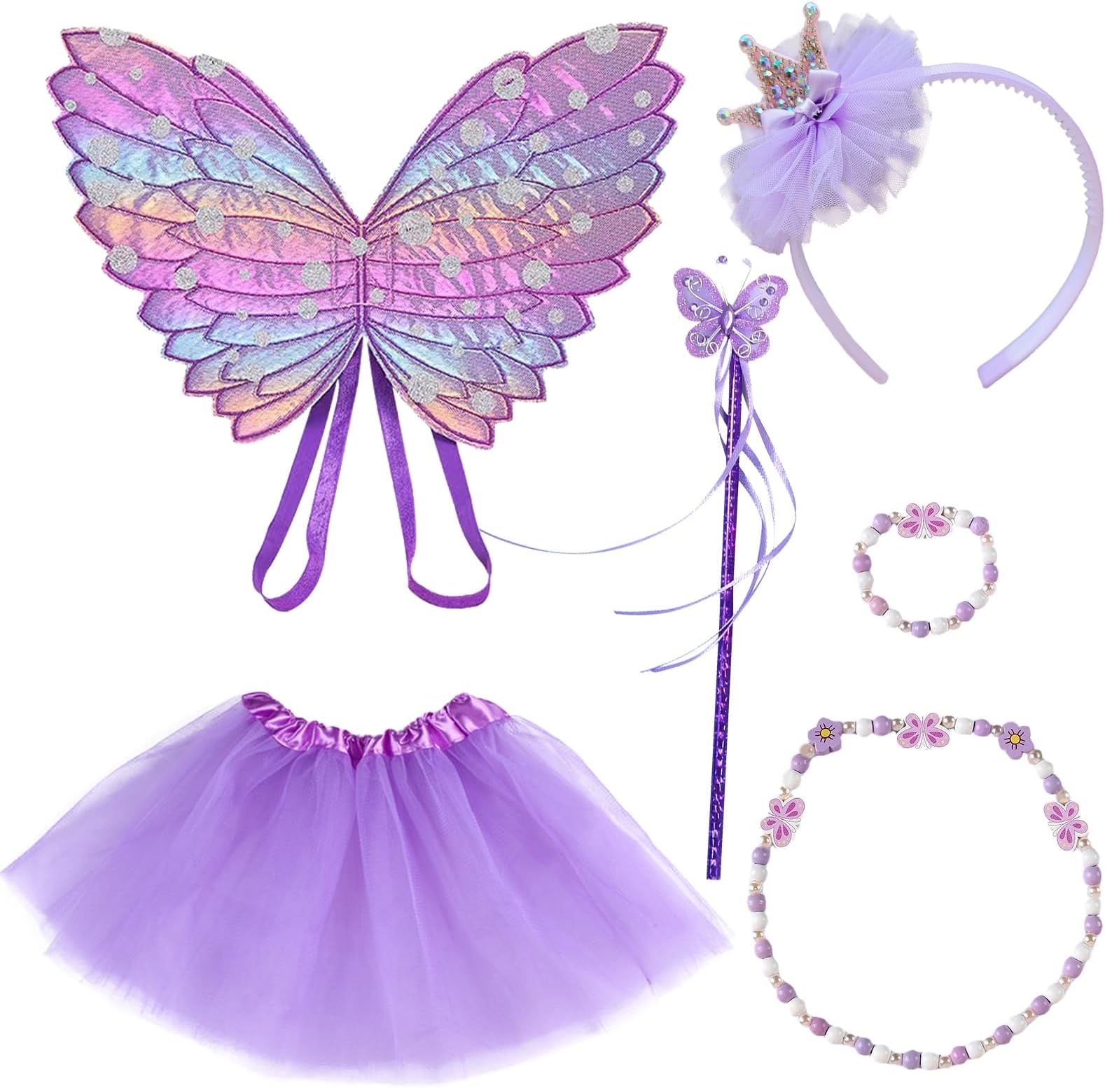 DKDDSSS 6 PCS Fairy Costume, Butterfly Fairy Wings and Wand, Crown Crystal Tiaras, Tutu,Girl Butterfly Necklace, Fancy Dress Set for Party Costume Halloween Christmas