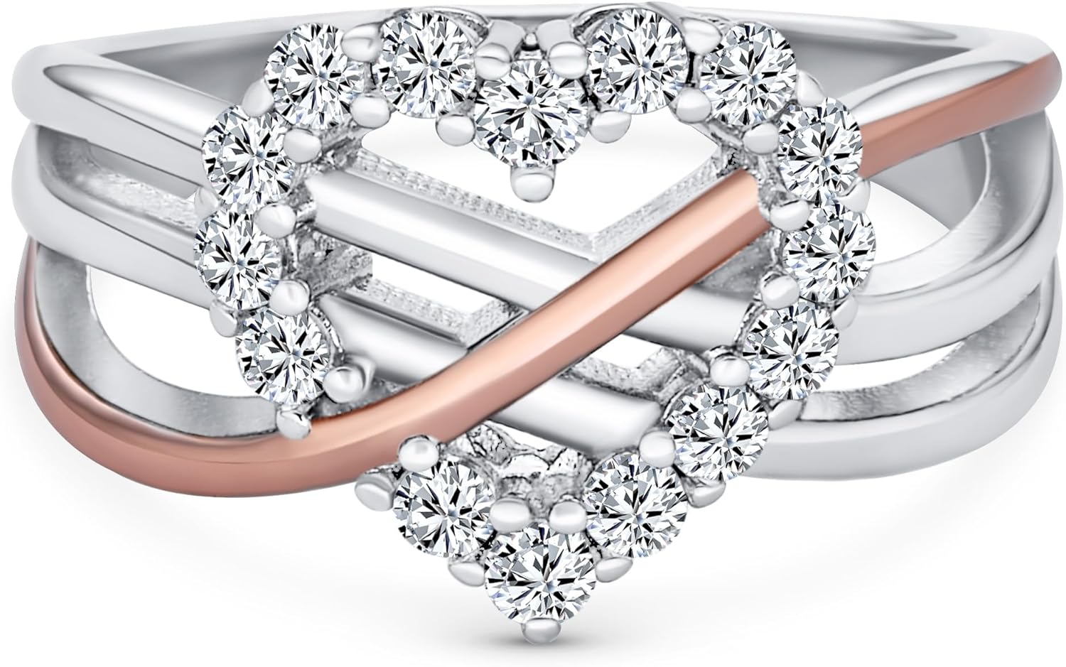 Bling Jewelry Romantic Two Tone Pave CZ Accent Cubic Zirconia Crossover Intertwined Infinity& Heart Promise Ring For Women Rose Gold Plated .925 Sterling Silver