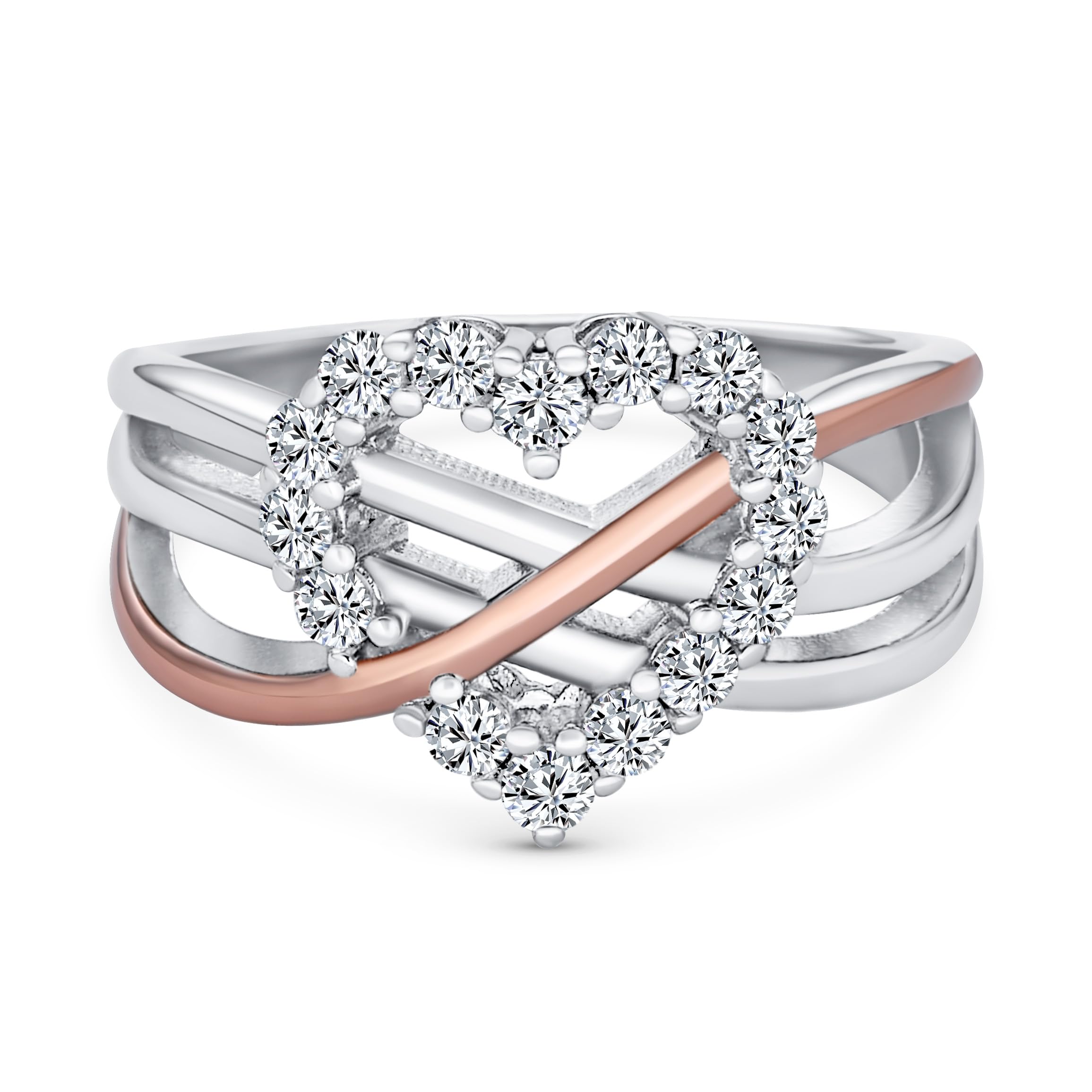 Bling Jewelry Romántico anillo de promesa para mujer con diseño entrelazado de infinito y corazón acento de circonita cúbica pavé de dos tonos chapado en oro rosa plata de ley .925