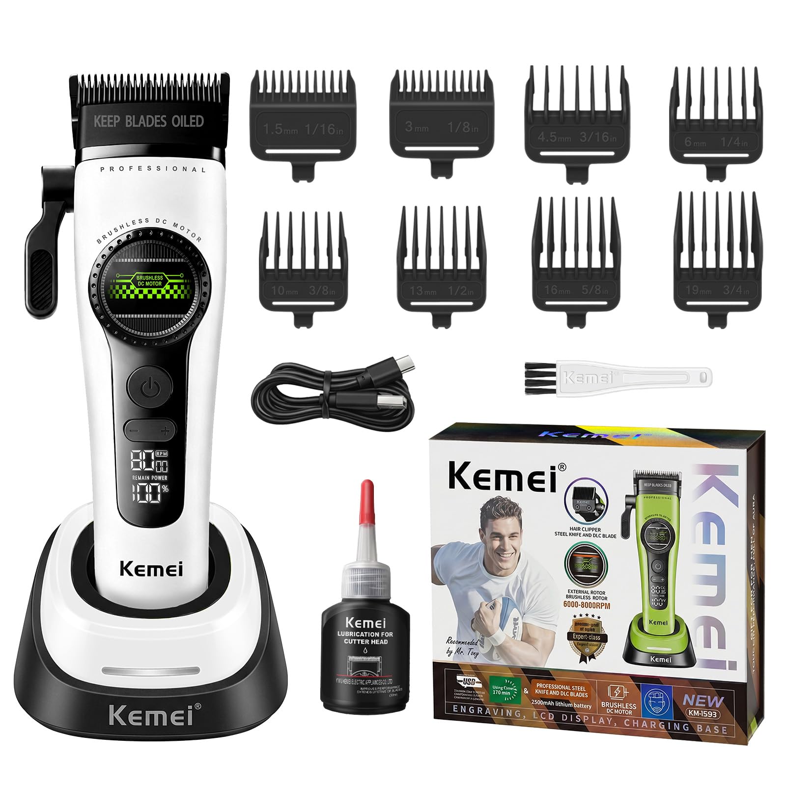 KEMEI 1593 Cortapelos Hombre Inalámbrico, Máquina Cortar Pelo Profesional | Motor Sin Escobillas,5 Velocidades,Doble Carga USB-C y Base,Cuchilla DLC-Cerámica-Perfecto para Autocorte y Regalo(Blanco)
