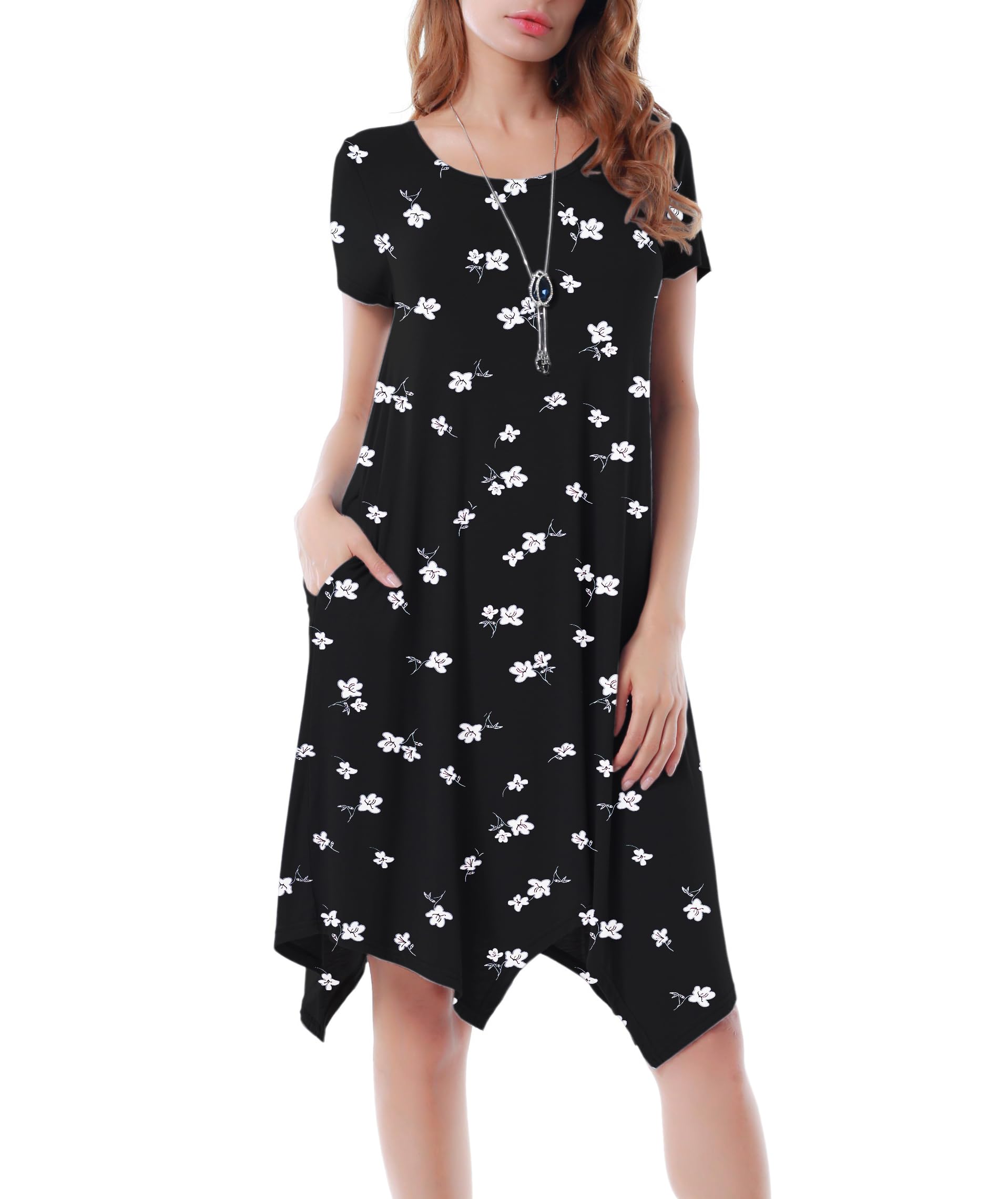 Women Casual Loose Soft Crewneck Short Sleeve Pockets Swing T-Shirt Dress
