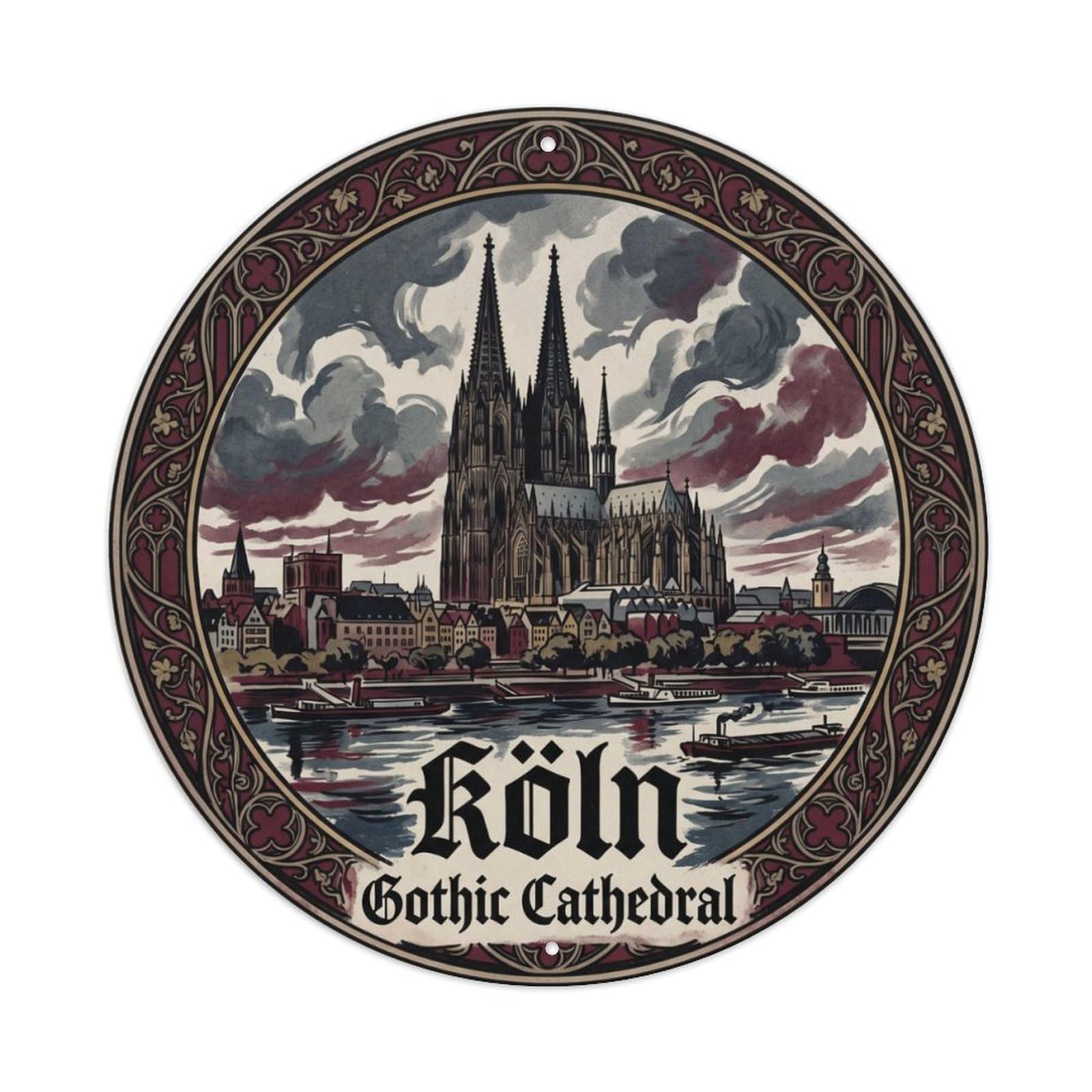 Vintage Travel Cathedral Cologne Gothic Metal Tin Sign Plaque Wall Decor for Cafe, Club, Garden Round Metal Poster 8x8Inch