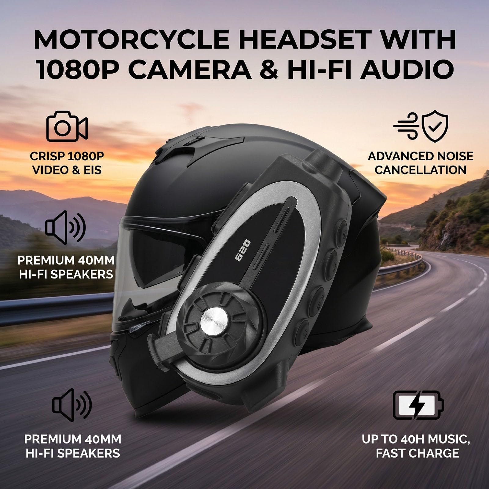 Auricolare Bluetooth per Casco Moto con Fotocamera, Registrazione 1080P, Altoparlante HiFi da 40 Mm, Impermeabile IPX6, Bluetooth 5.4, Riduzione del Rumore