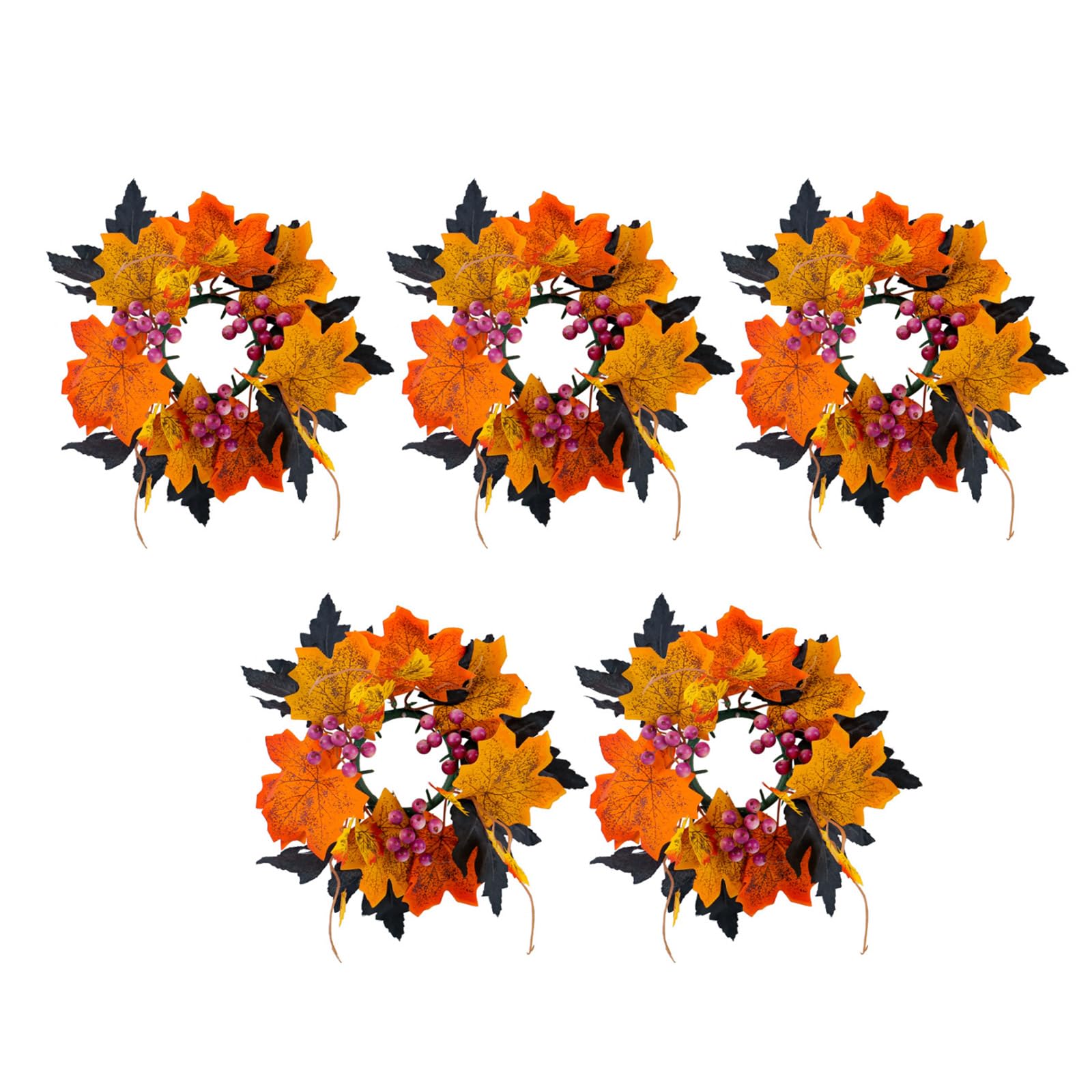 PANGBOER 5Pcs Fall Rings Wreath Artificial Leaves with Berries for Thanksgiving Halloween Centerpieces Candleholder