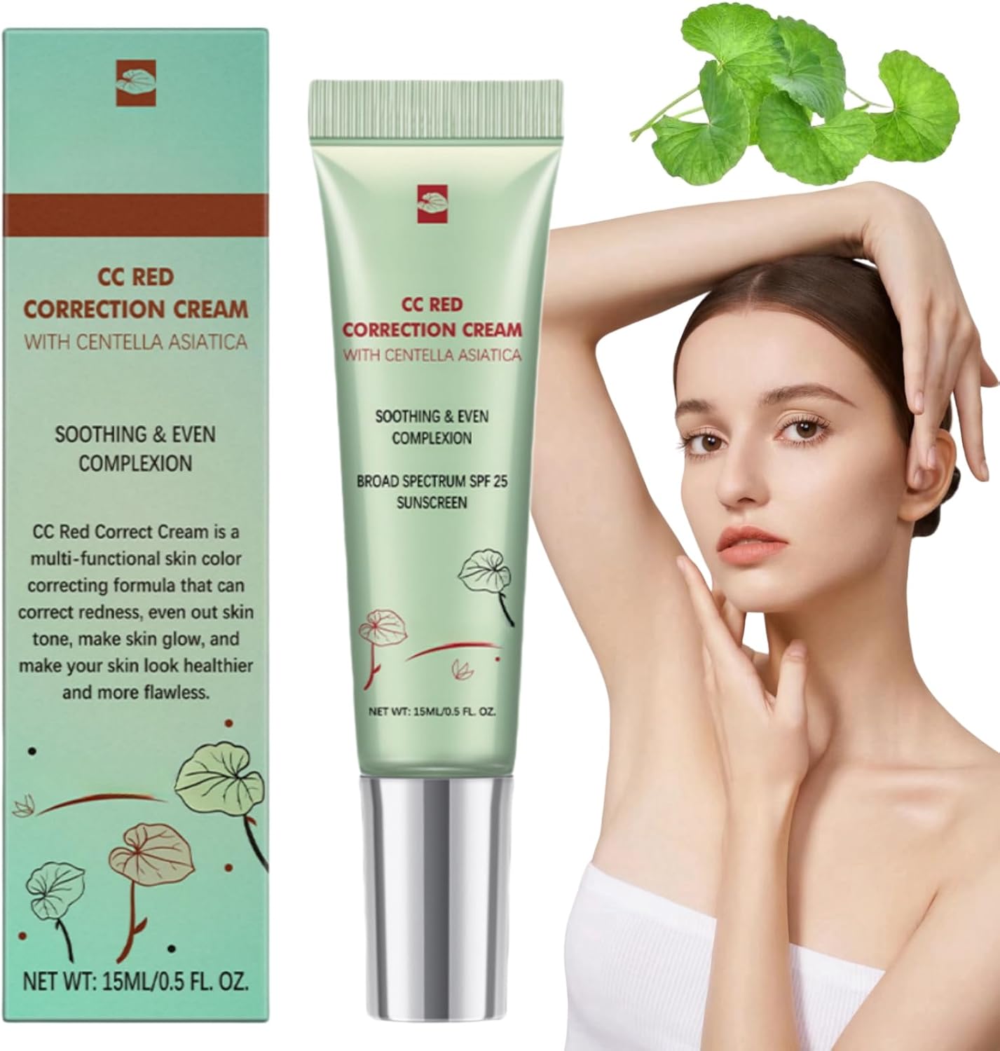 CC Red Correct With Centella Asiatica - Color Correcting Lightweight Skin Perfector Cream, Tinted Moisturizer With SPF 25, Full Coverage Foundation and Sunscreen