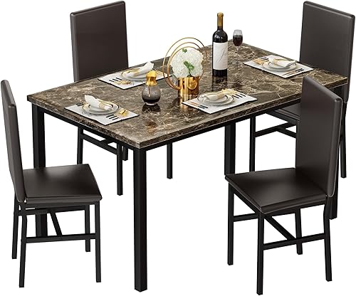 Conjunto de mesa de comedor Lamerge para 4, mesa de mármol sintético y 4 sillas de cuero PU, mesa y sillas de cocina para 4, conjuntos modernos de