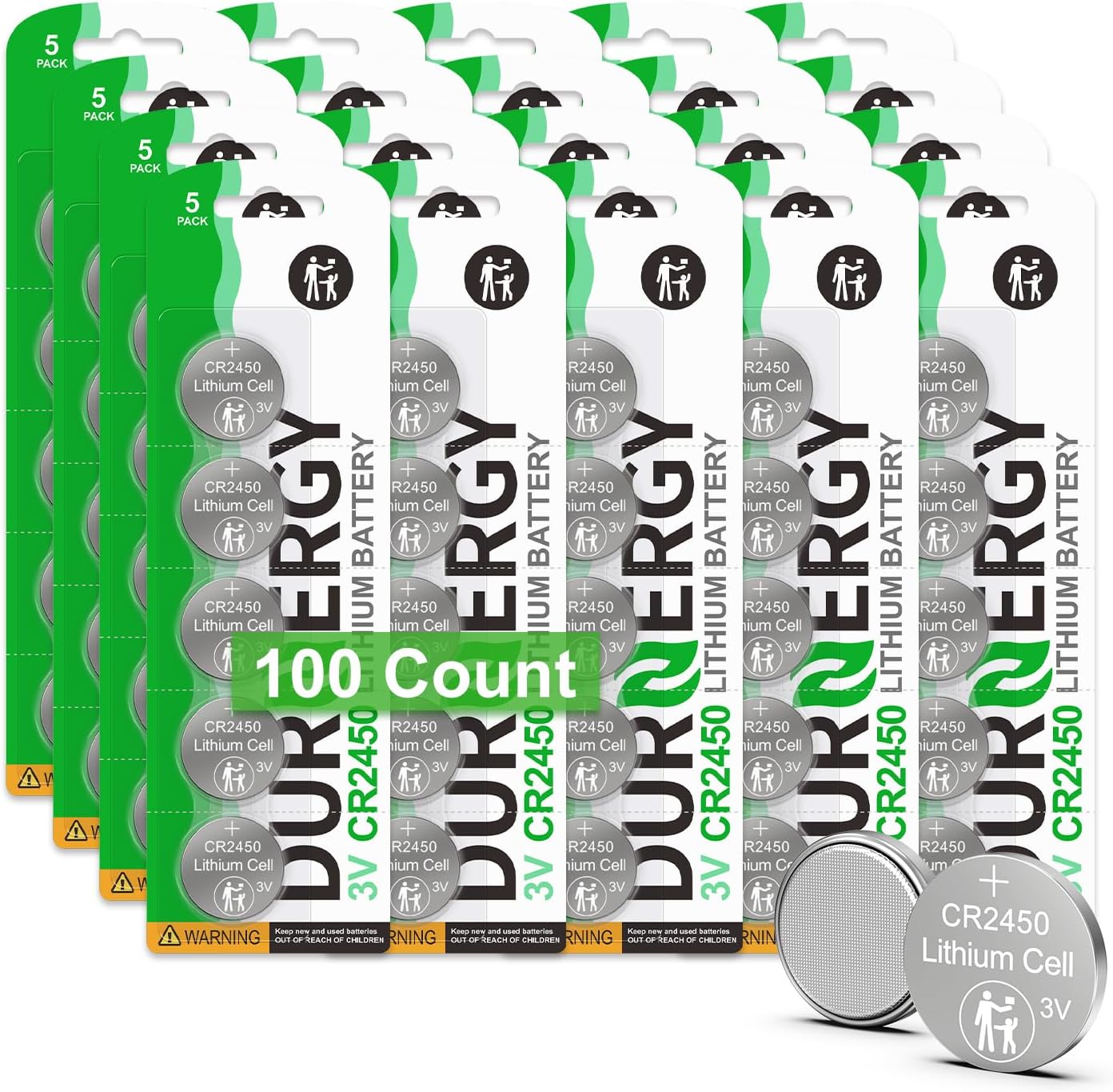 DURNERGY CR2450 3V Lithium Coin Cell Battery 100 Pack, Button Battery CR2450 2450, ECR2450, KCR2450, BR2450, DL2450, LM2450, KT-CR2450, CR2450BP, GPCR2450 Batteries for Flameless Candles