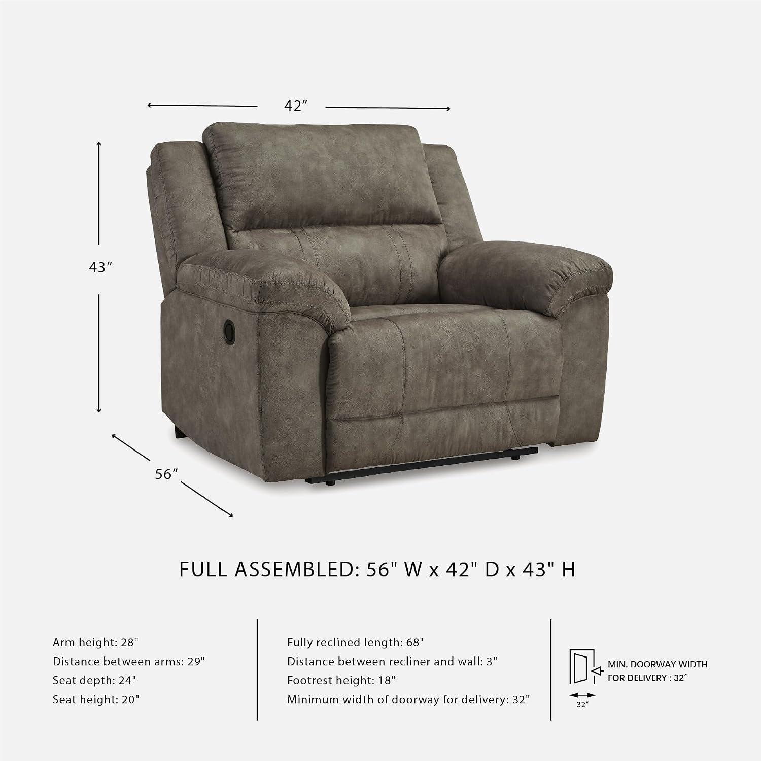 Signature Design by Ashley Laresview Oversized Wall Hugger Recliner, Fossil | Manual pull-tab faux leather seating, Pillow-top arms, Space-saving zero wall design, Contemporary jumbo stitching