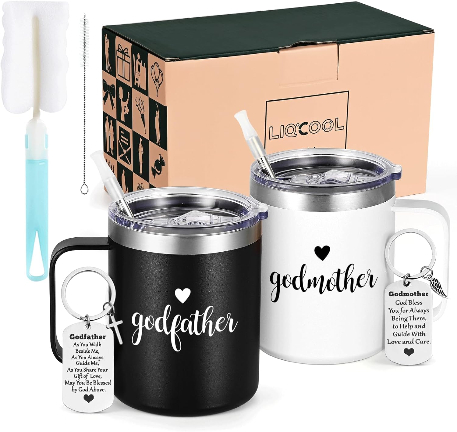 LiqCool Godparents Proposal Gift, Godmother & Godfather Mug Set with Keychain, Godparents Gift for Godmother Godfather, Will You be My Godparents Proposal, Christmas Baptism 12 Oz Black & White - Image 6