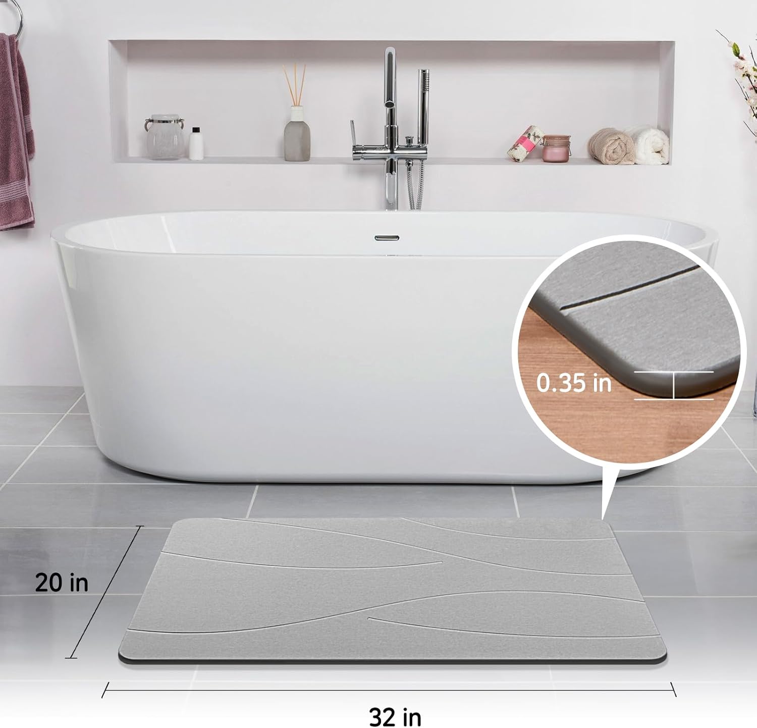 32"x20" Stone Bath Mat, Diatomaceous Earth Shower Mat, Non-Slip Super Absorbent Quick Drying Bathroom Floor Mat, Natural, Easy to Clean (Cloudy Gray)