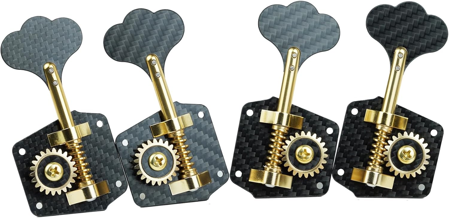 guyker Bass Tuners(4 for Right), 1:22 Gear Ratio Carbon Fiber Open Frame Bass Guitar Machine Head Tuning Key Pegs Replacement Part, GB530T Gold