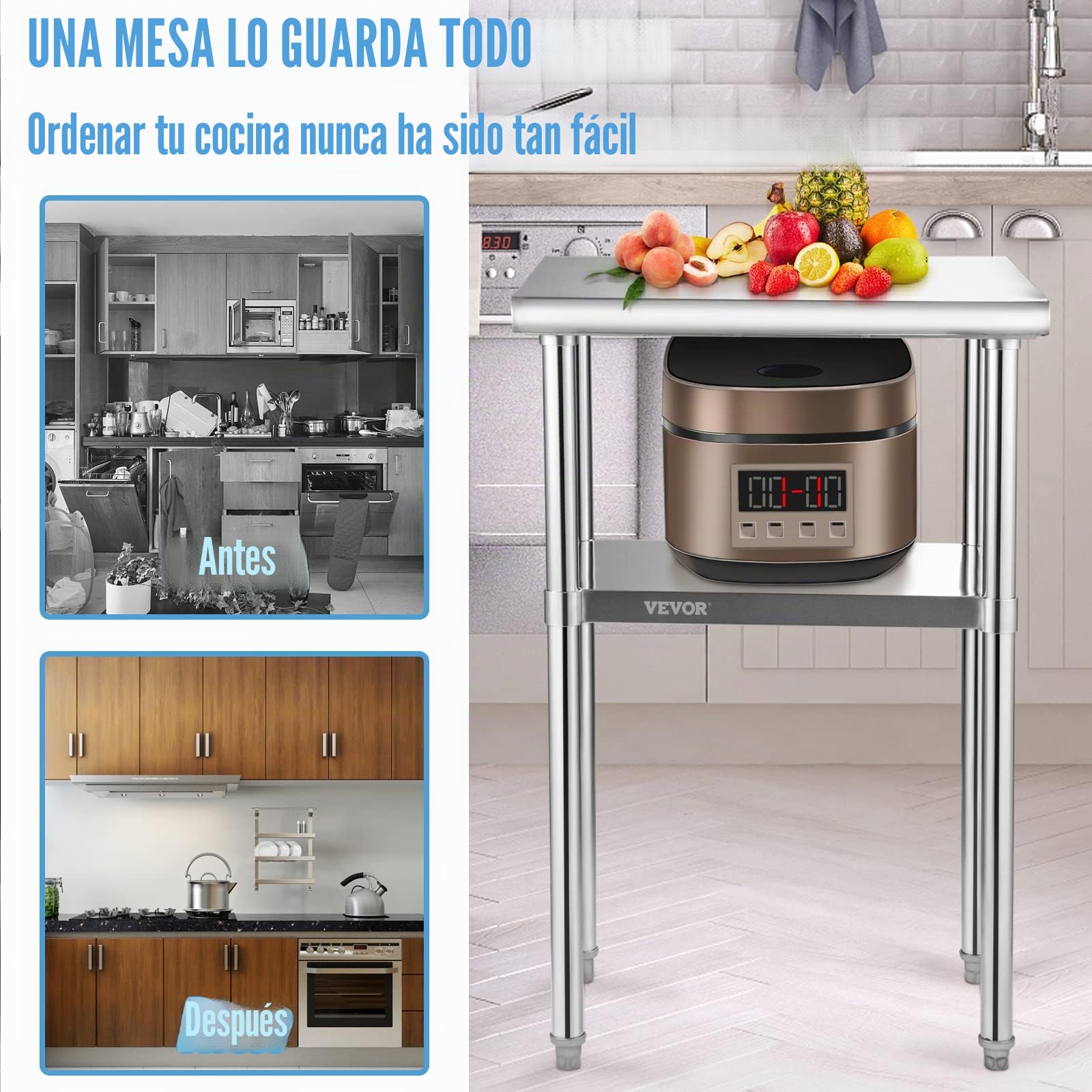 VEVOR Mesa de Trabajo de Acero Inoxidable 61 x 46 x 91 cm Mesa de Preparación de 2 Niveles Carga de 272,4 kg Mesa de Cocina Estante Ajustable en Altura para Cocina Restaurante Bar Garaje al Aire Libre