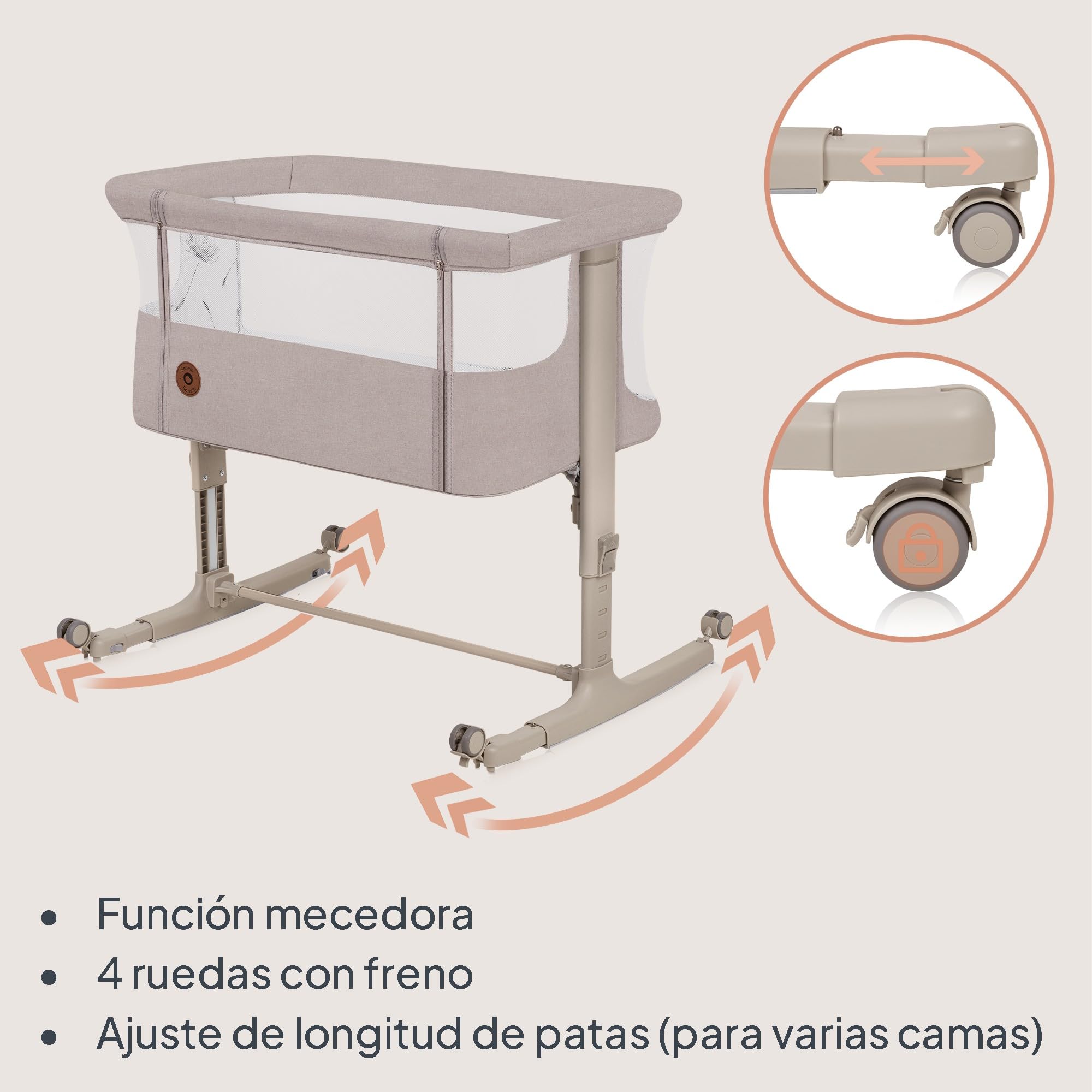 lionelo Aurora Cuna 3 en 1 hasta 9 kg, Cuna de colecho, Cama Mecedora, Ajuste de Altura e inclinación del colchón, 4 Ruedas con Freno, Colchón Ergonómico, Bolsa
