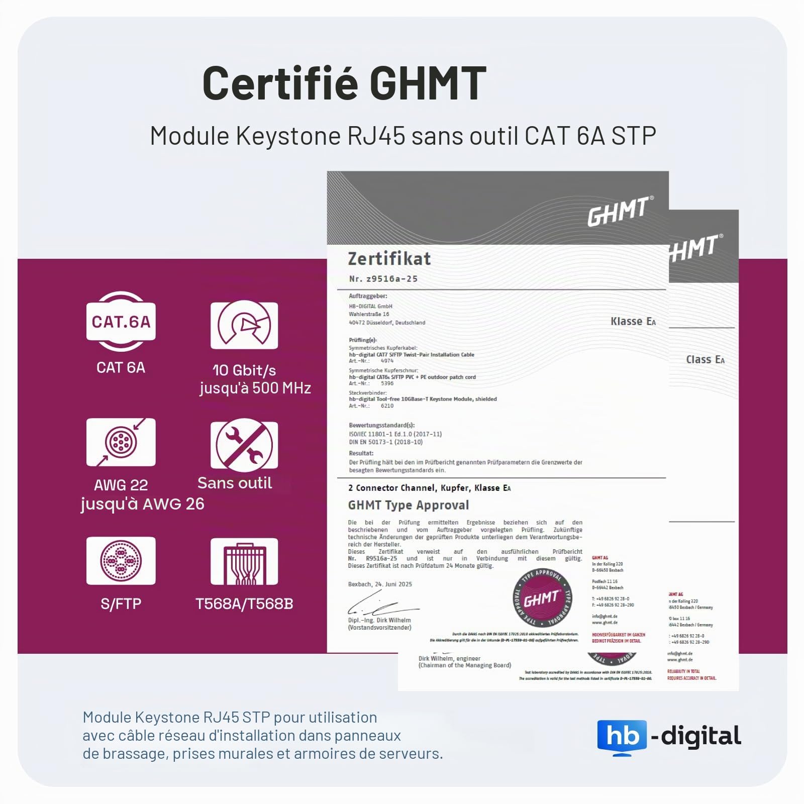 HB-DIGITAL Panneau de brassage 16 ports 1 HE 16 x CAT 6a RJ45 Module Keystone Jack - Certifié GHMT - Entièrement blindé STP 10 Gbps - Compatible avec les câbles de pose - Câble réseau LAN - Noir