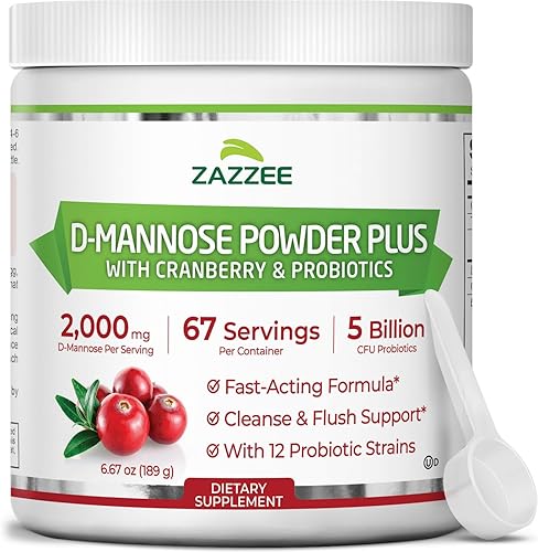 Zazzee D-mannose Powder Plus 67 porciones 65 onzas más 5 mil millones de probióticos CFU mejorados con jugo de arándano puro incluye cuchara gratis