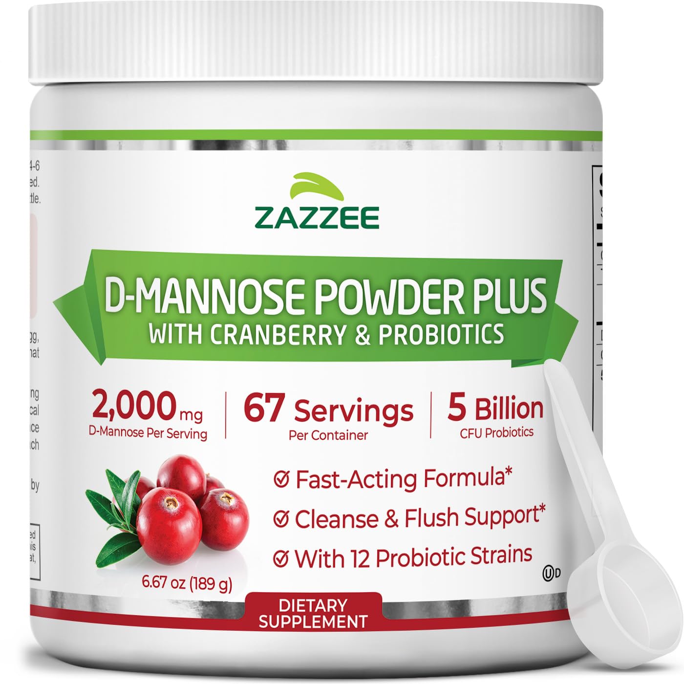 Zazzee D-Mannose Powder Plus, 67 Servings, 6.5 Ounces, Plus 5 Billion CFU Probiotics, Enhanced with Pure Cranberry Juice, Includes Free Scoop, Fast-Acting, Vegan, Non-GMO and All-Natural
