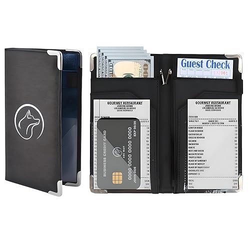 Miniatura 4 de Libro de servidor premium negro oscuro para camarero y camarera, organizador con múltiples bolsillos y ventanas de identificación