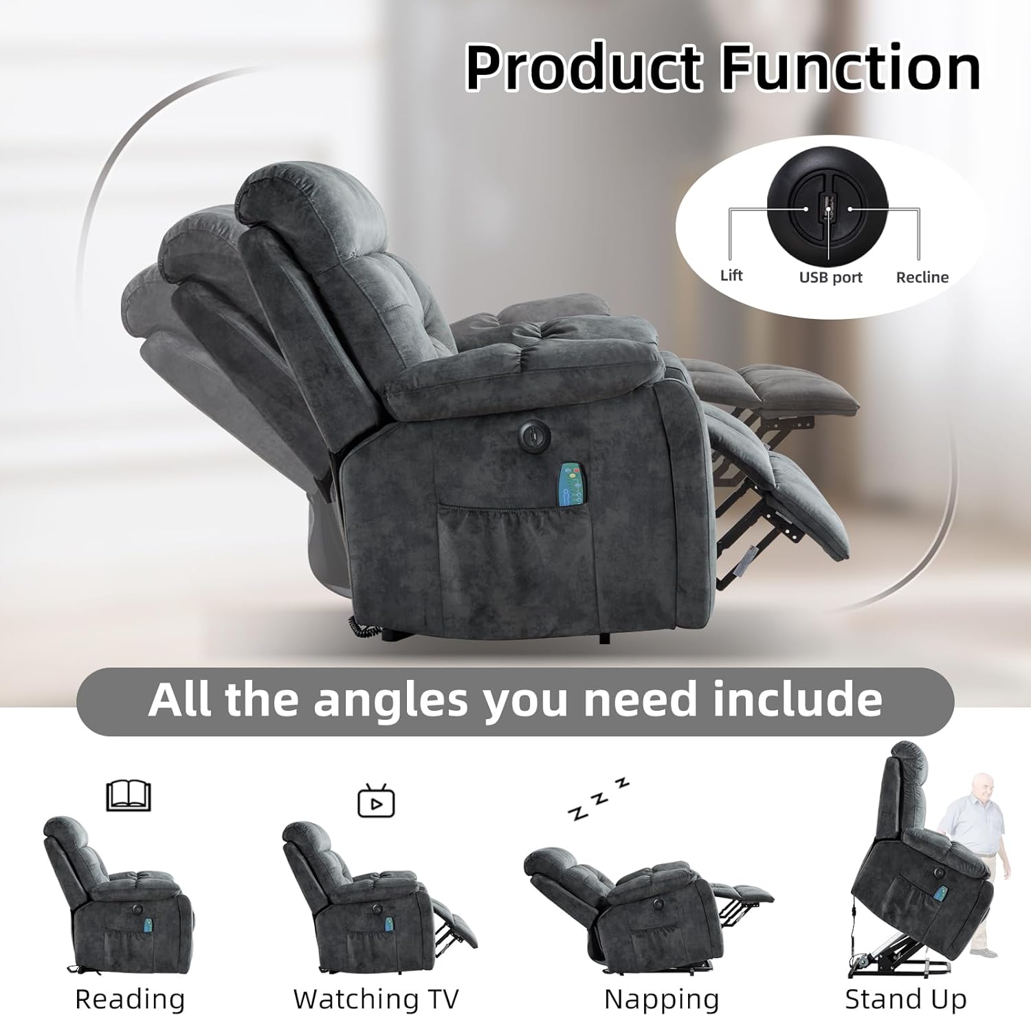 EBELLO Power Lift Recliner Chair with Massage and Heat, Soft Fabric Massage Recliner for Adults with Hidden Cup Holders, Side Pocket, Overstuffed Single Sofa for Living Room, Dark Greenish-Grey