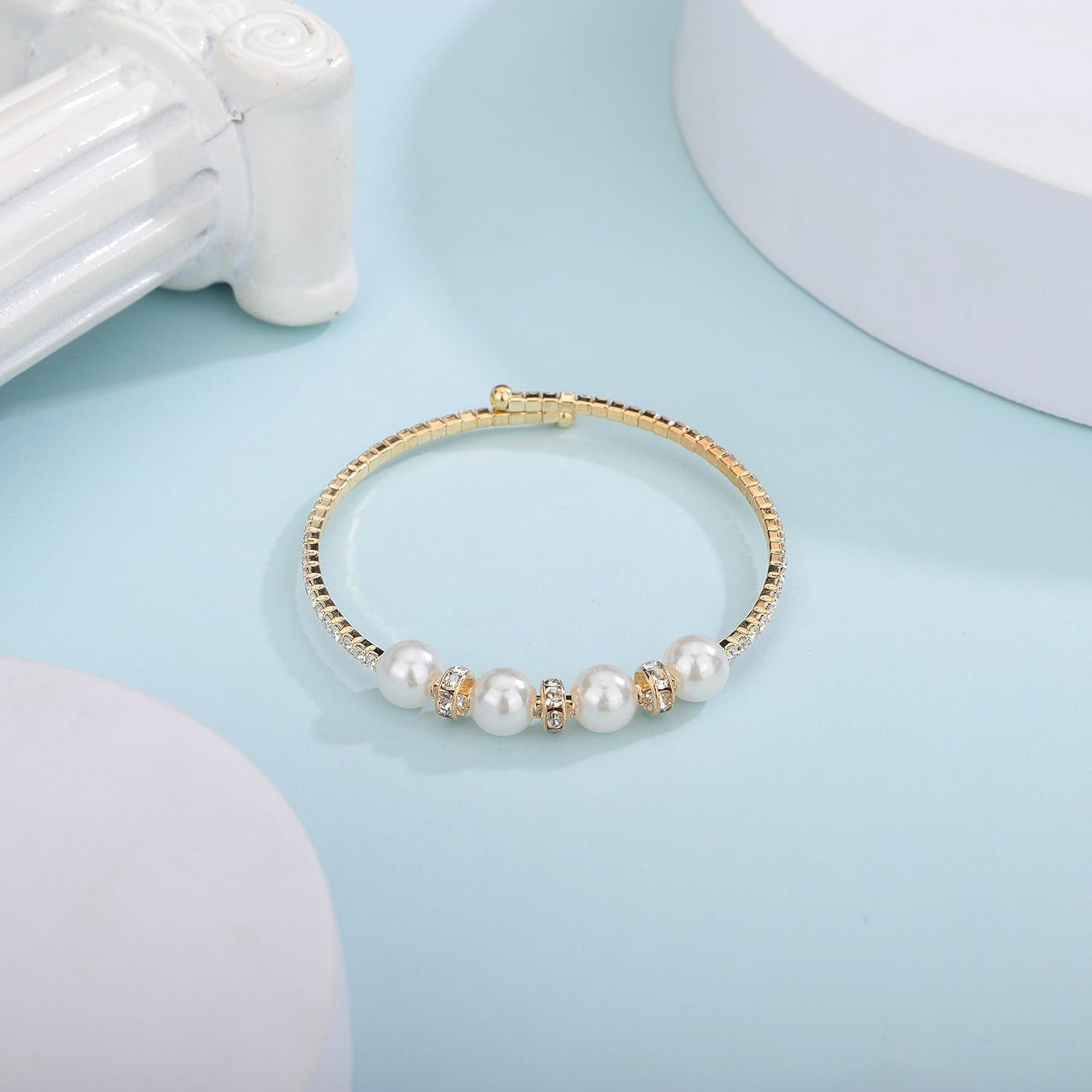 YERTTER Simple Vintage Open Cuff Pearl Crystal Bangle Bracelet Rhinestone Pearl Bangle Bracelet Gift for Women Brides for Prom Party Wedding Dating - Image 5