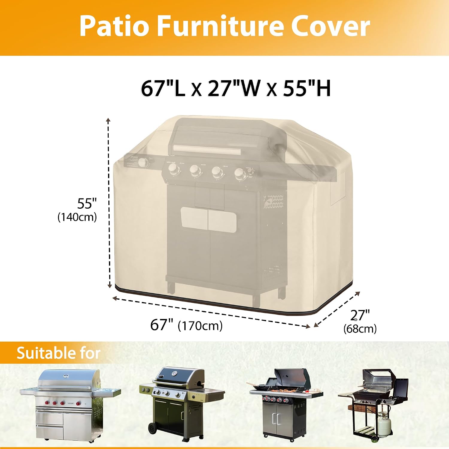 HDCAXKJ Grill Cover with Zipper Waterproof BBQ Grill Cover for Outdoor Barbecue Anti-UV Sun Patio Grill Covers Fade Resistant Outside Burner Barbecue Covering (67" L x 26" W x 55" H, Beige & Brown)