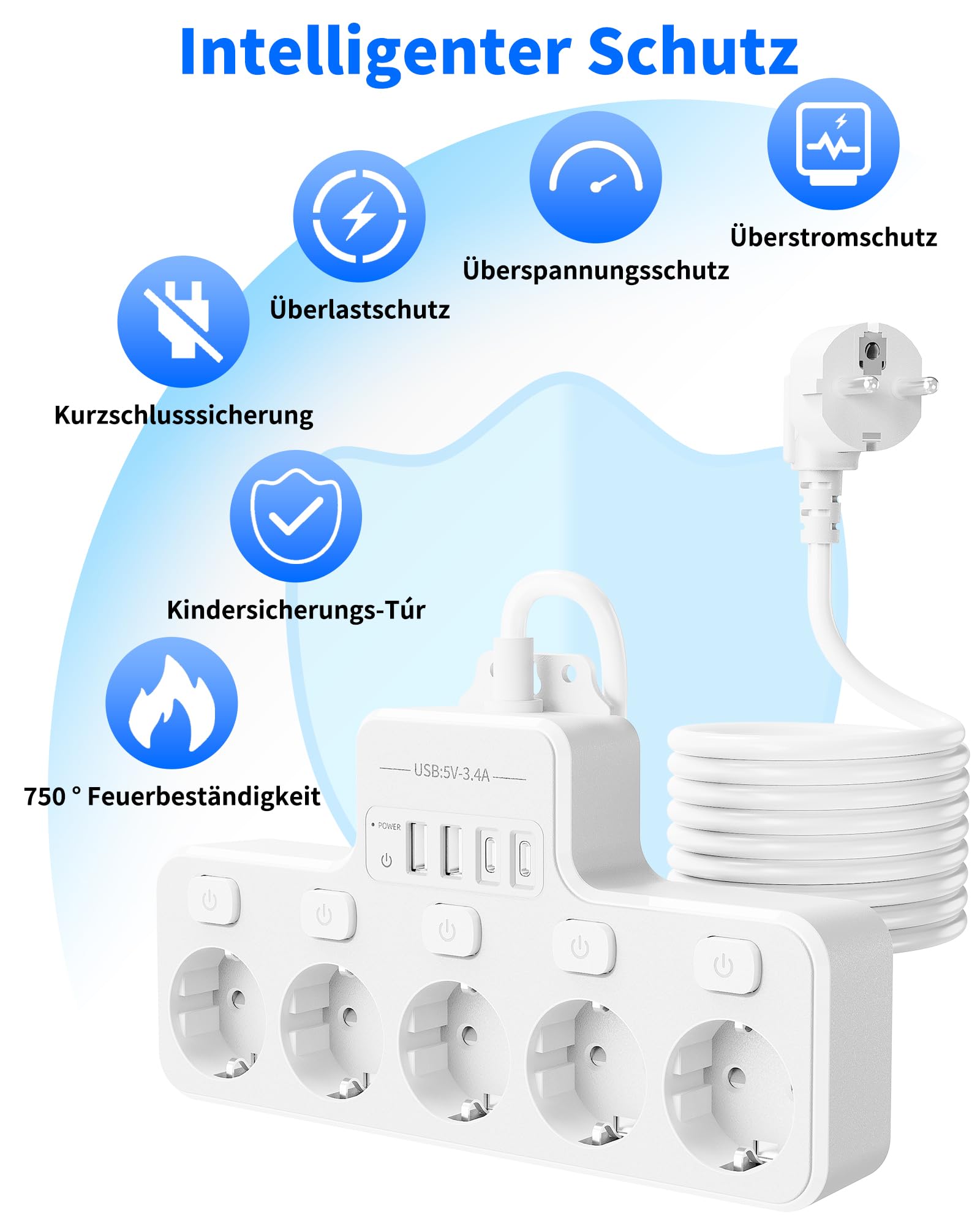Ciabatta elettrica commutabile singola, presa multipla a 5 prese, con USB, 9 in 1, presa da tavolo con cavo da 2 m, per casa e ufficio (bianco)