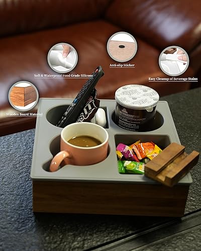 Miniatura 4 de Bandeja portavasos, práctica y suave de madera de acacia de silicona para cama, asiento de coche, organizador de playa, impermeable, antiderrames,