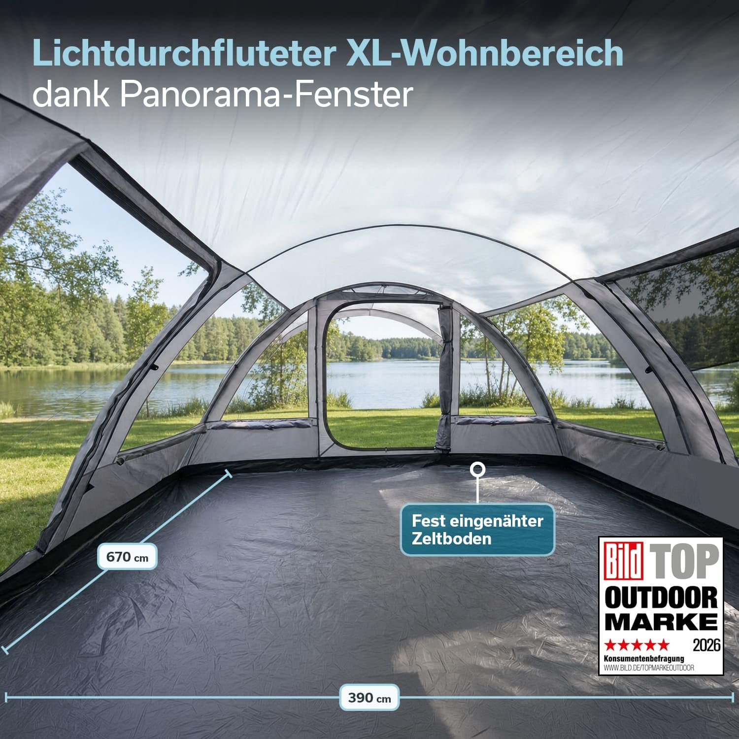 Skandika Tunnelzelt Falkenberg für 6 Personen | Großes Familienzelt, eingenähter Zeltboden, 2 m Stehhöhe, wasserdicht, 4.000 mm Wassersäule, Moskitonetze, teilbare Schlafkabine | Outdoor Camping Zelt
