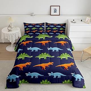 Feelyou Cartoon Dinosaur Bedding Set Twin, Dark Blue Dinosaur Comforter Set for Kids Dinosaurs Print Comforter Boys Girls Jungle Dino Duvet Set Breathable Bedroom Decor with 1 Pillow Case