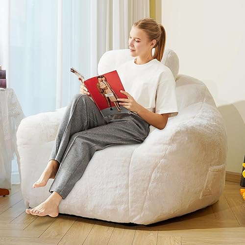 Miniatura 3 de Puf grande para adultos, silla gigante de tela de piel sintética con almohada, puf suave con soporte ergonómico, sofá perezoso de felpa beige, blanco