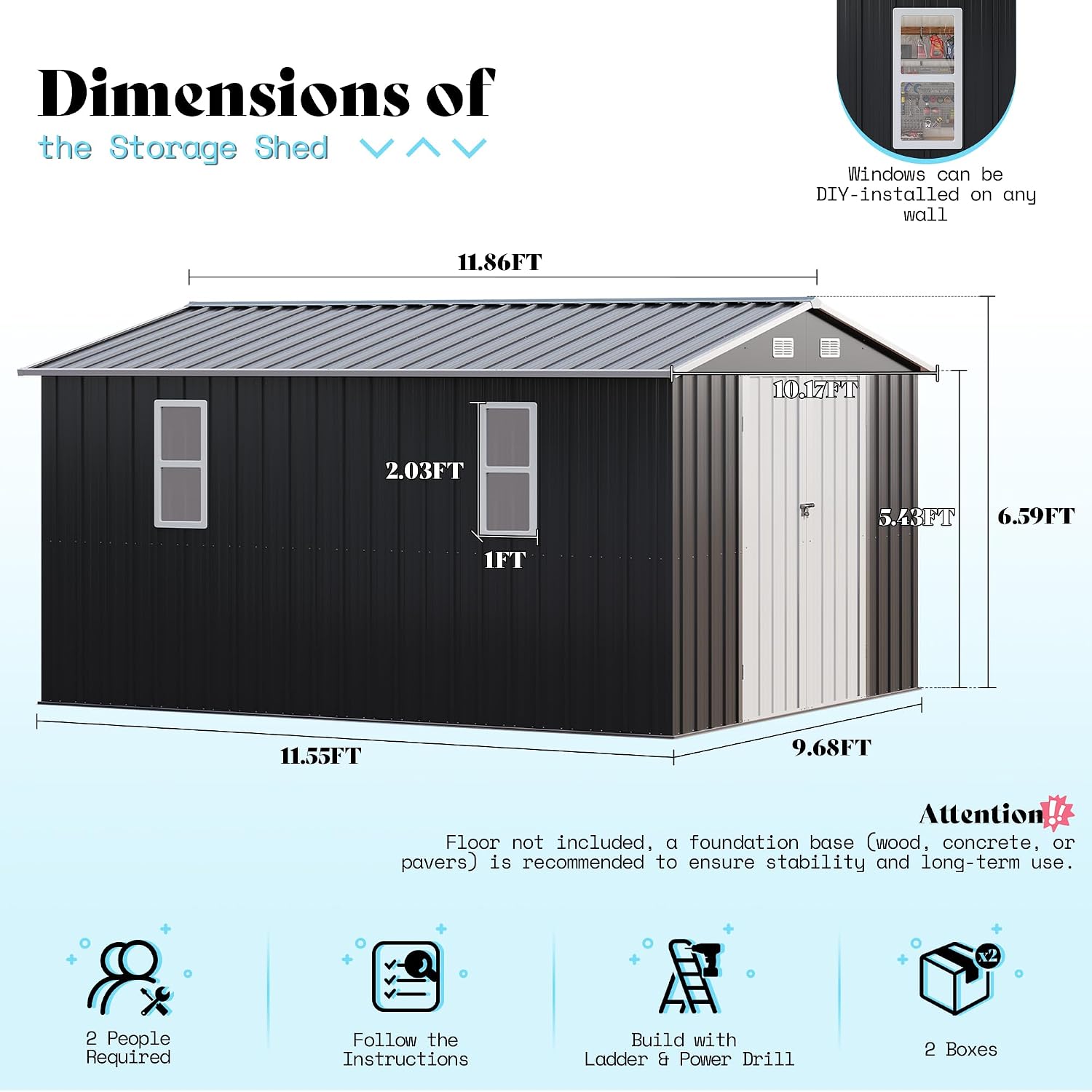 AMERLIFE 10x12x6.6 FT Metal Storage Shed, Outdoor Tool Shed with 2 DIY Windows, Hinged Double Doors and Vents, Reinforced Steel Frame for DIY Workshop, Garden, Backyard, Dark Gray
