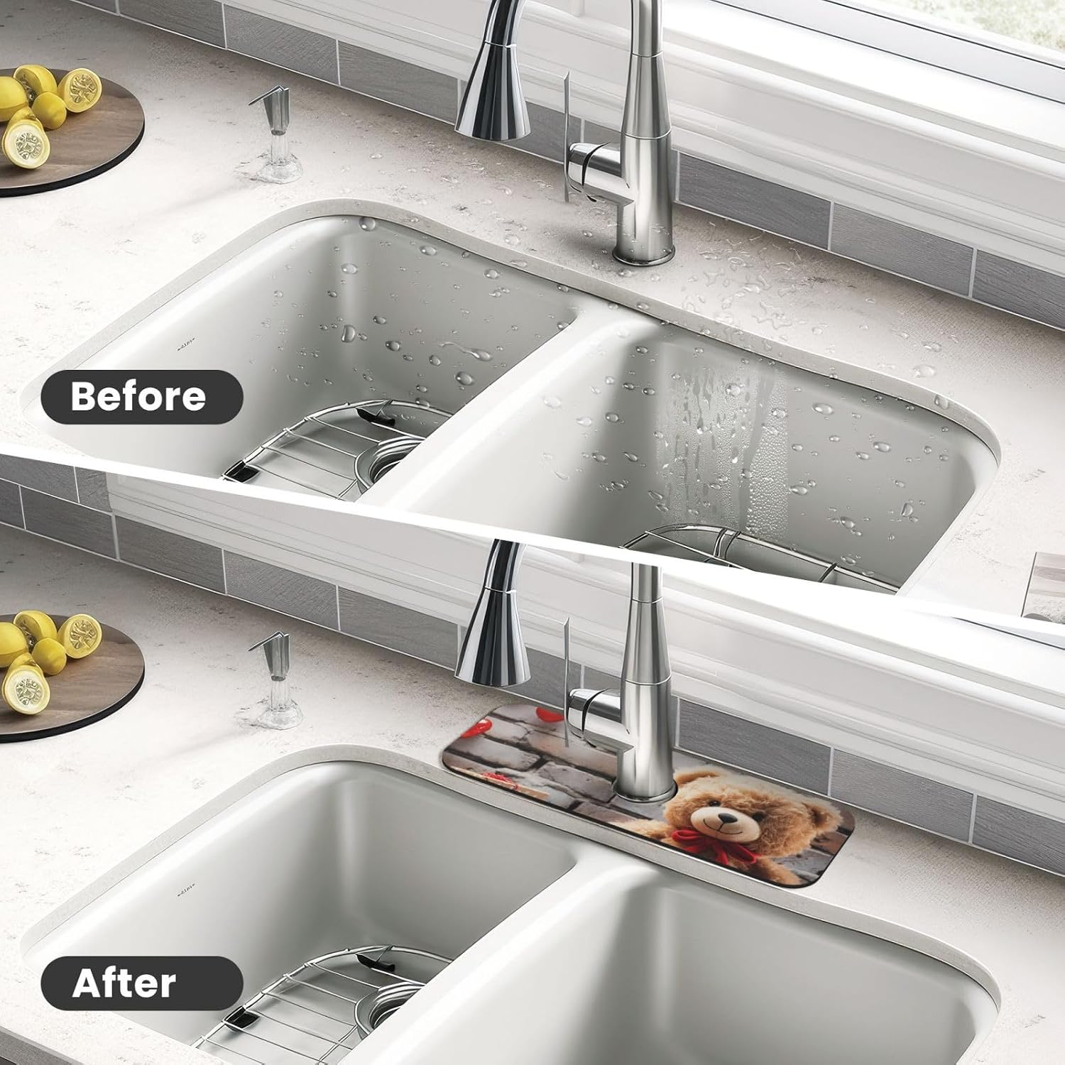 Splash Guard Mat For Kitchen Sink , Super Absorbent Fast Drying Faucet Mat Cute Bear Valentine Gift Draining Mats Sink Gadgets Behind Faucet Sinkmat For Kitchen Bathroom 15"X5.5" image 4