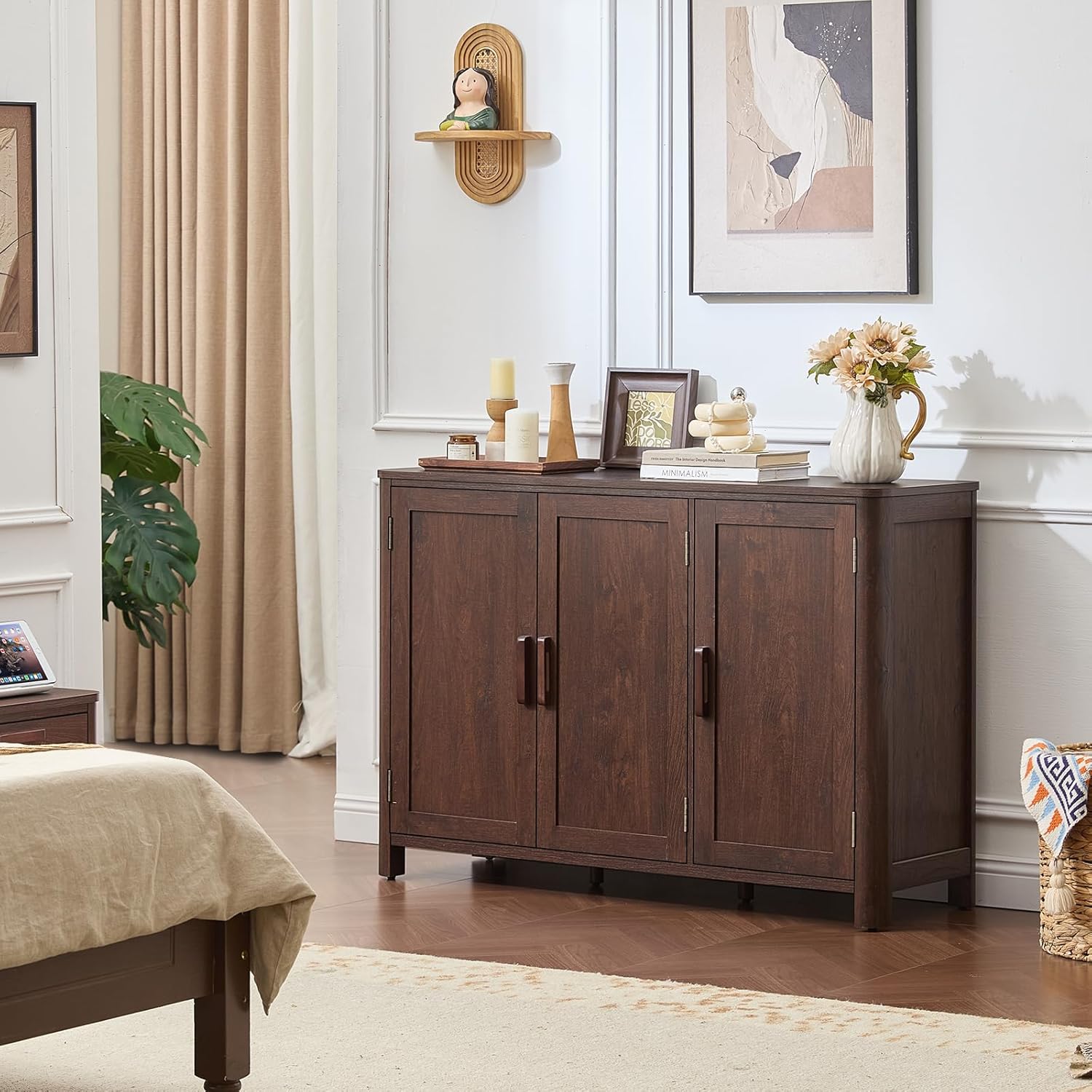 Joaxswe Sideboard Buffet Cabinet with Storage, 46" Arc-Shaped Credenza with 3 Doors & Adjustable Shelves, Mid Century Modern Coffee Bar Cabinet for Kitchen, Living Room, Walnut