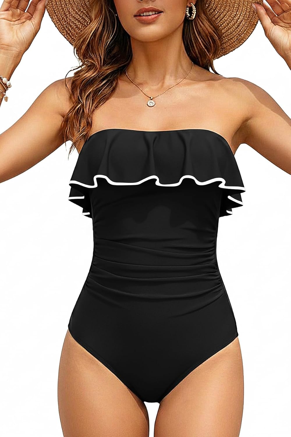 Holipick Strapless One Piece Swimsuits for Women Tummy Control Bandeau Bathing Suits Ruffle Slimming Swimwear