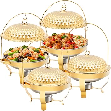 Gold Round Chafing Dishes 4 Sets for Buffet, 8.5Qt Stainless Steel Buffet Servers with Hanging Lids, Chafers & Buffet Warmers Set for Parties, Catering and Events