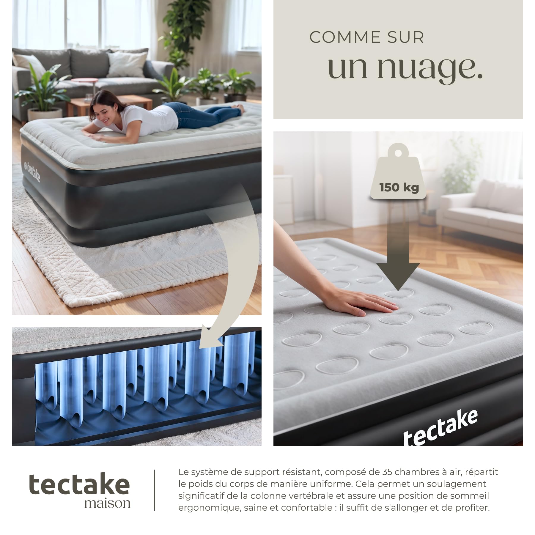 tectake® Matelas Gonflable 2 Personnes Confortable avec Pompe Electrique intégrée, Gonflage & dégonflage Rapide, Lit d'appoint pour Enfant ou Lit Gonflable pour Camping avec Sac de Transport