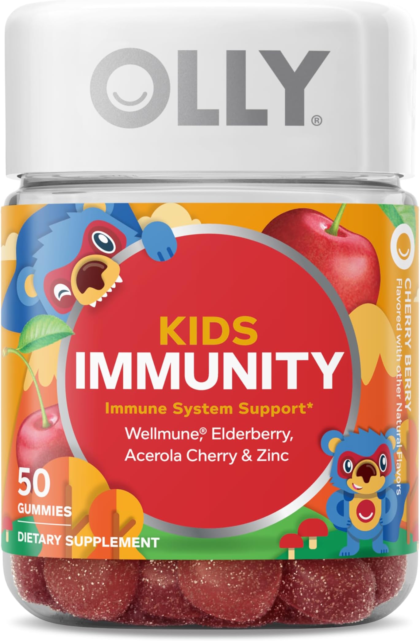 Kids Immunity Gummy, Immune Support, Wellmune, Elderberry, Vitamin C, Zinc, Chewable Supplement, Cherry - 50 Count