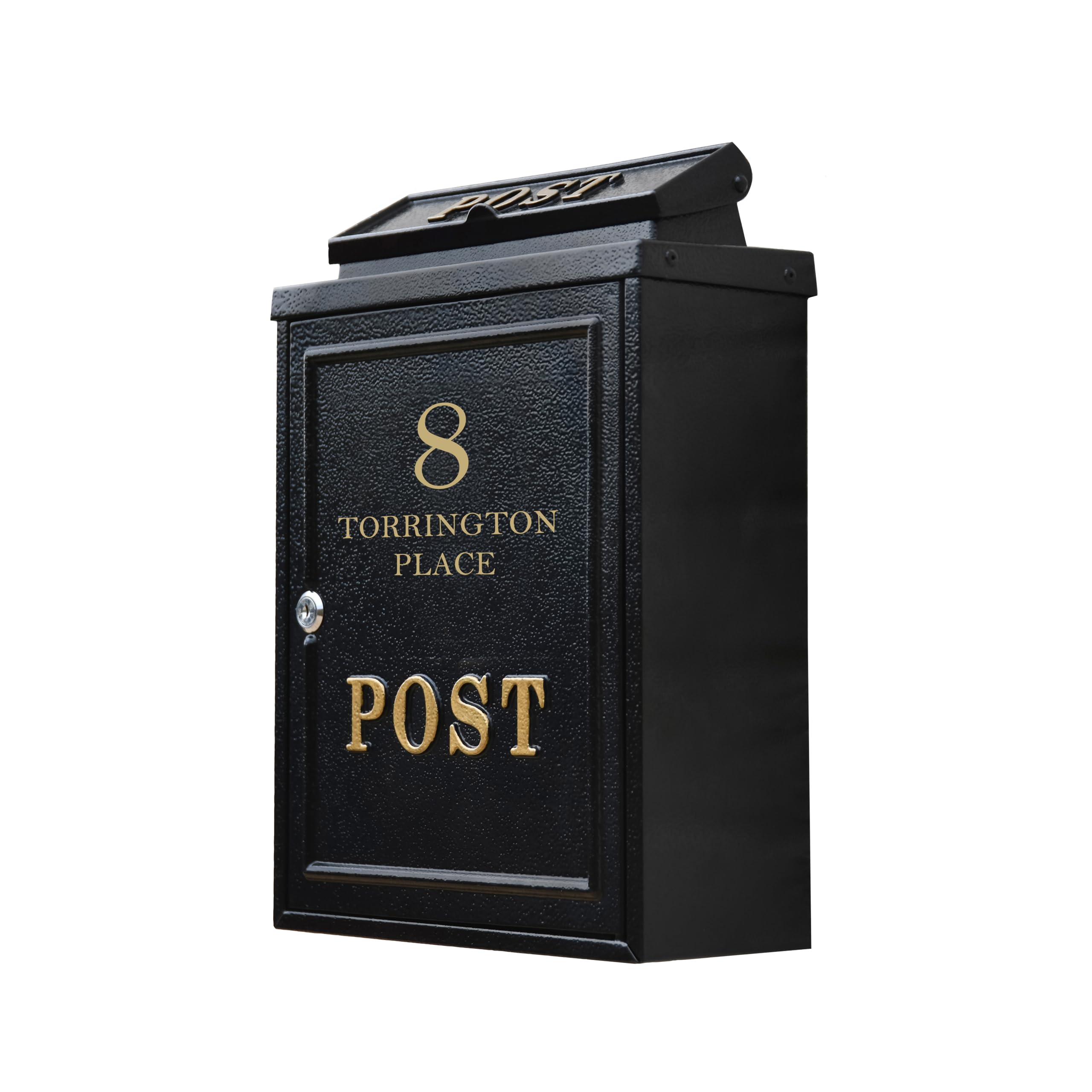 Personalised Black "Oxford" Wall Mounted Post Box with Gold Text - Traditional Style Secure Mailbox for Home or Office Outdoor Use Decorative Wall Mounted Organiser Stylish Front Door Accent