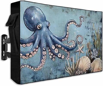 Outdoor TV Cover Shabby Chic Sea Monster Octopus Weatherproof Waterproof Outside TV Protector with Zipper,Vintage Nautical Marine Life Smart Television Screen Cover for 70 to 75Inch Screens