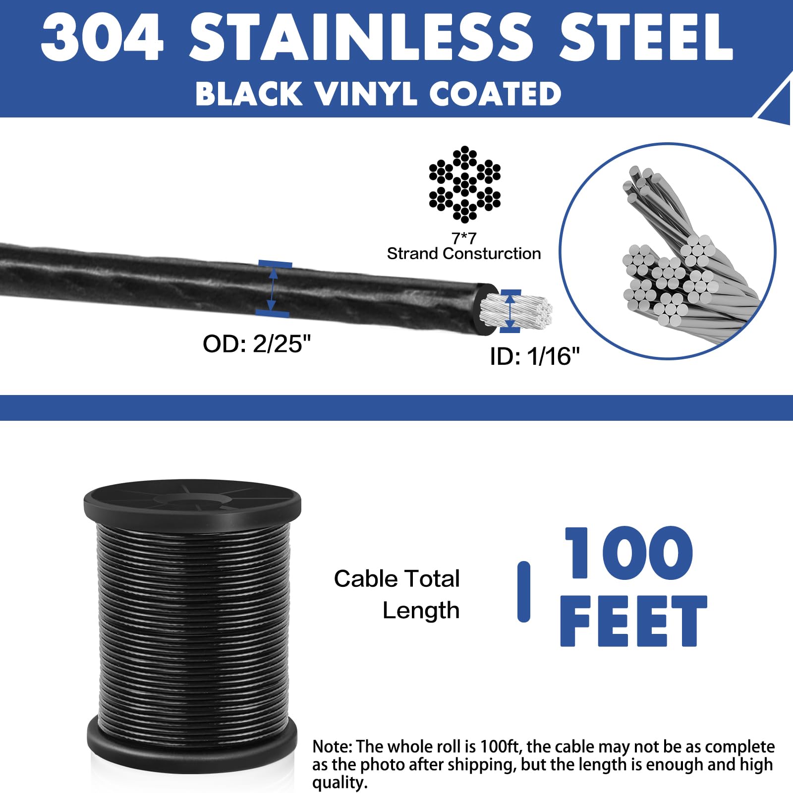 304 Stainless Steel Wire Rope, Black Vinyl Coated, Outdoor Light Guide Wire, Suitable for String Lights, Clotheslines, 1/16 Inch Overmolded to 2/25 Inch 100ft