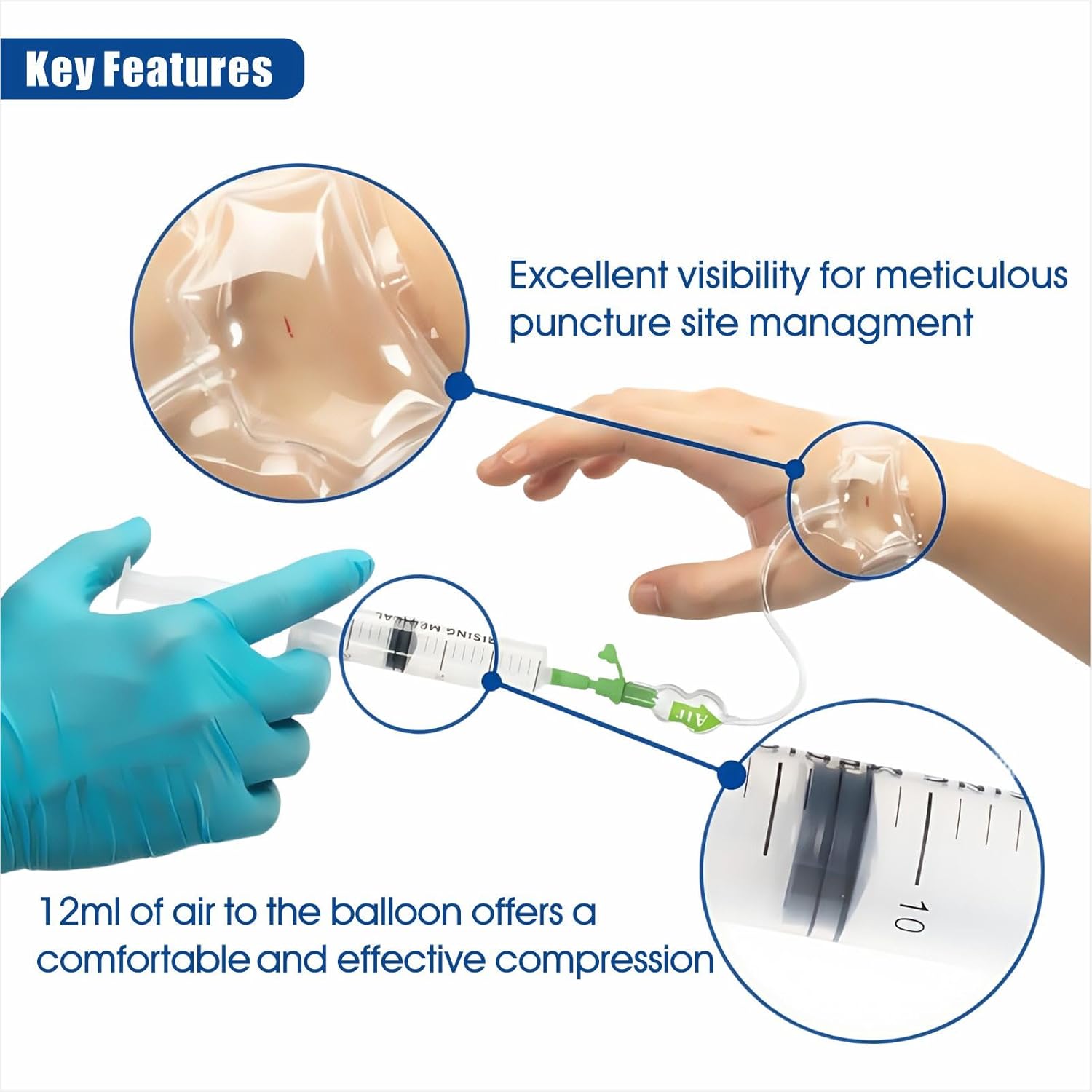 Emergency Distal Radial Artery Tourniquet with Syringe Air Pressure - Reusable Air-Tank Radial Compression Band with Adjustable Wrist Strap for RAO Prevention, Right Hand, Set of 1