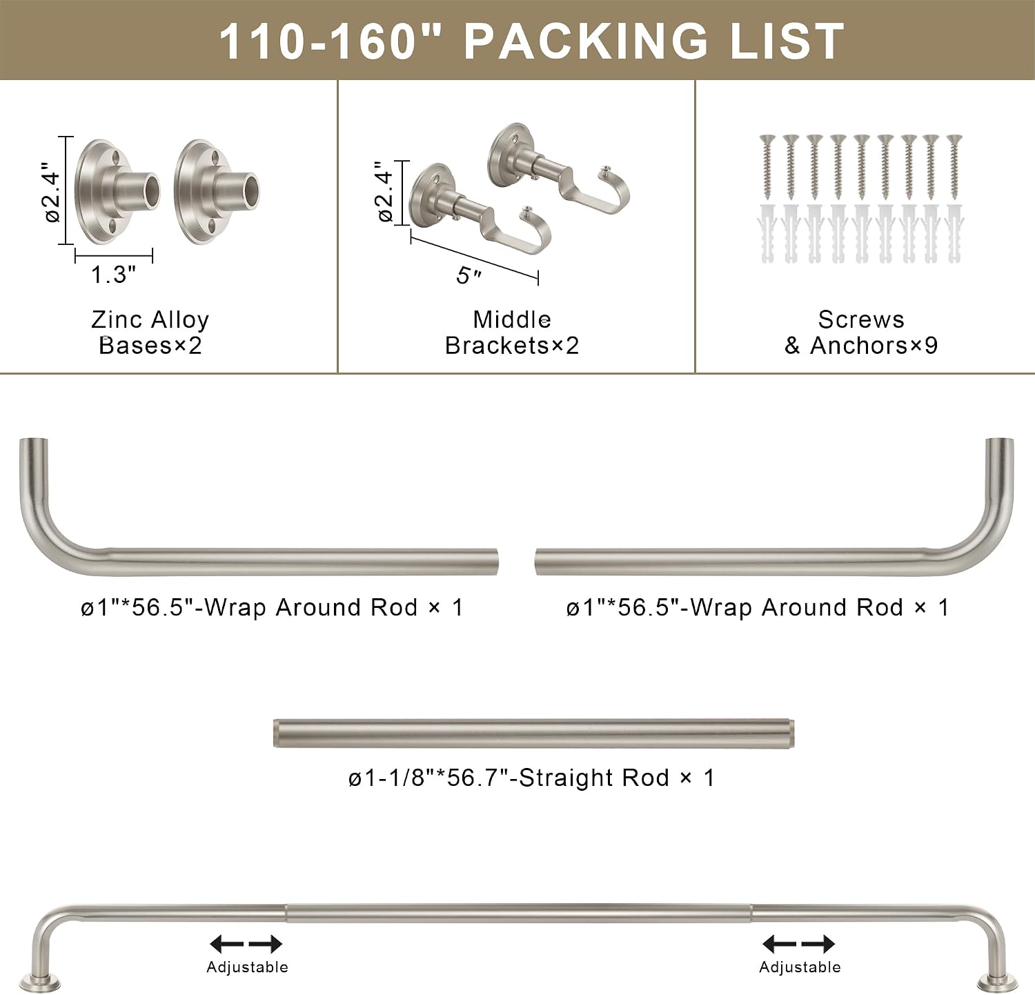 1 1/8 Inch Diameter Room Darkening Curtain Rods 110-160”, Heavy Duty Window Wrap Around Drapery Rod with Aluminum Bracket, Accessories, Wall Mounted Ceiling Mounted, Adjustable Length, Brushed Nickel
