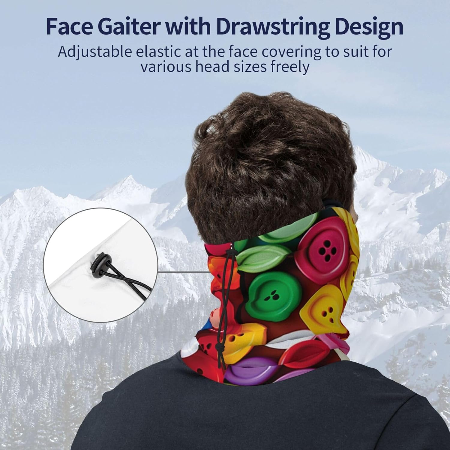 Neck Warmer Winter, Colorful Buttons Print For Cold Weather Winter Face Mask,Thick Warm Neck Gaiter Face Scarf,For Men Women Skiing Cycling - With Rope