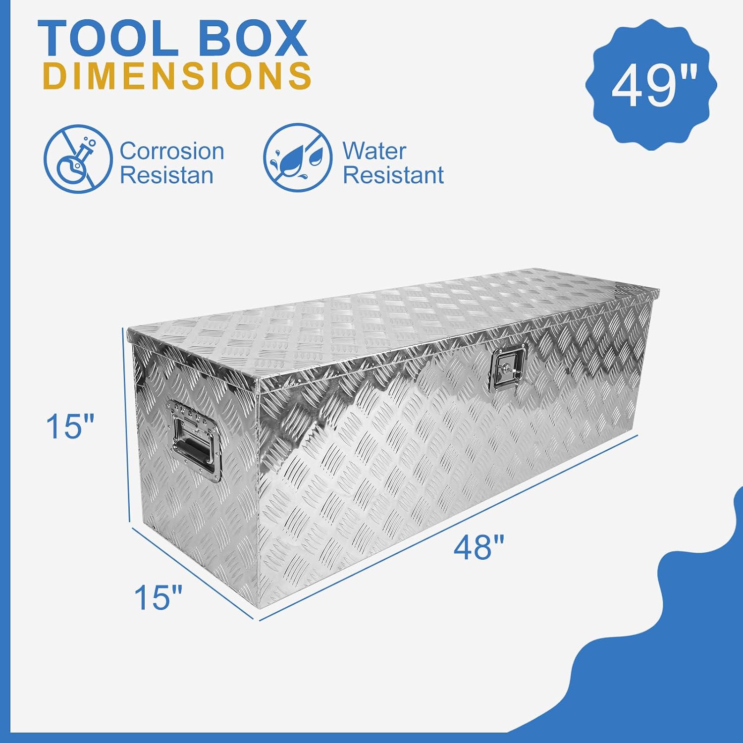 48"X15"X15" Heavy Duty Chrome Aluminum Truck Bed 5 Bar Tread Tool Box+Locks and T-Handle Latch Key Silver