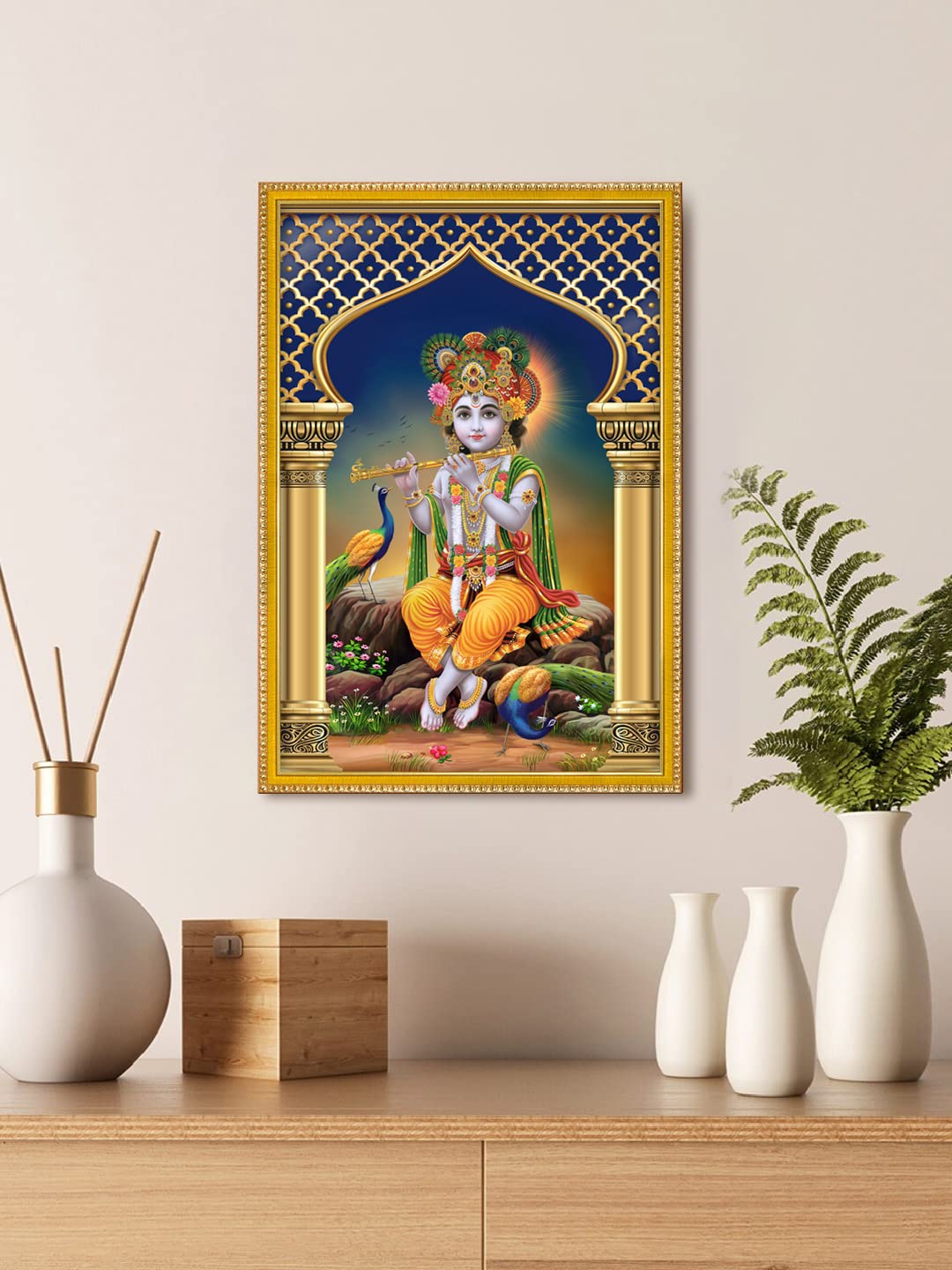 Buy 999Store Lord Krishna Playing Flute With Peacock Photo Painting