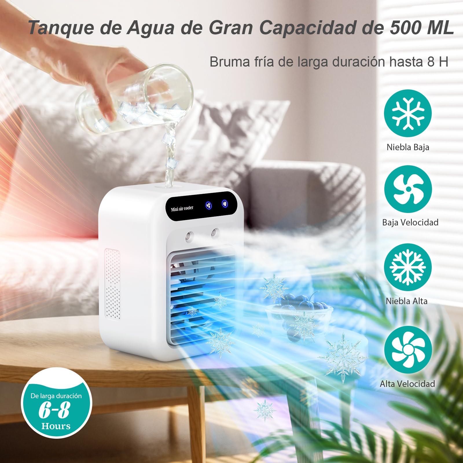 Aire Acondicionado Portatil, Mini USB Ventilador, Enfriador de Aire, Aire Humidificador Portátil Silencioso, 2Velocidades de Ventilador, 2 Modos de Nebulización, Adecuado para Hogar, Oficina