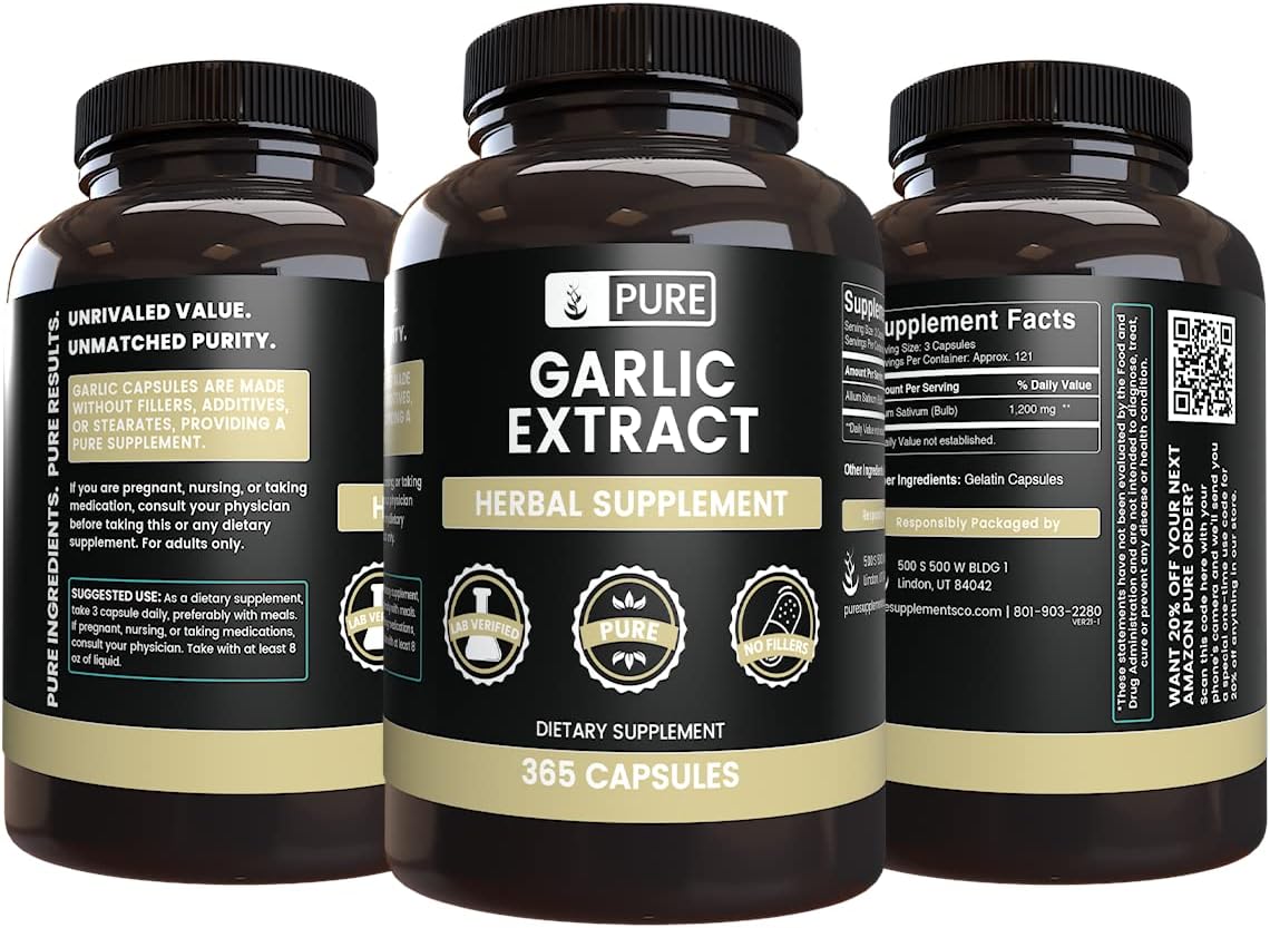 Pure Original Ingredients Garlic Extract (365 Capsules) No Magnesium Or Rice Fillers, Always Pure, Lab Verified : Health & Household