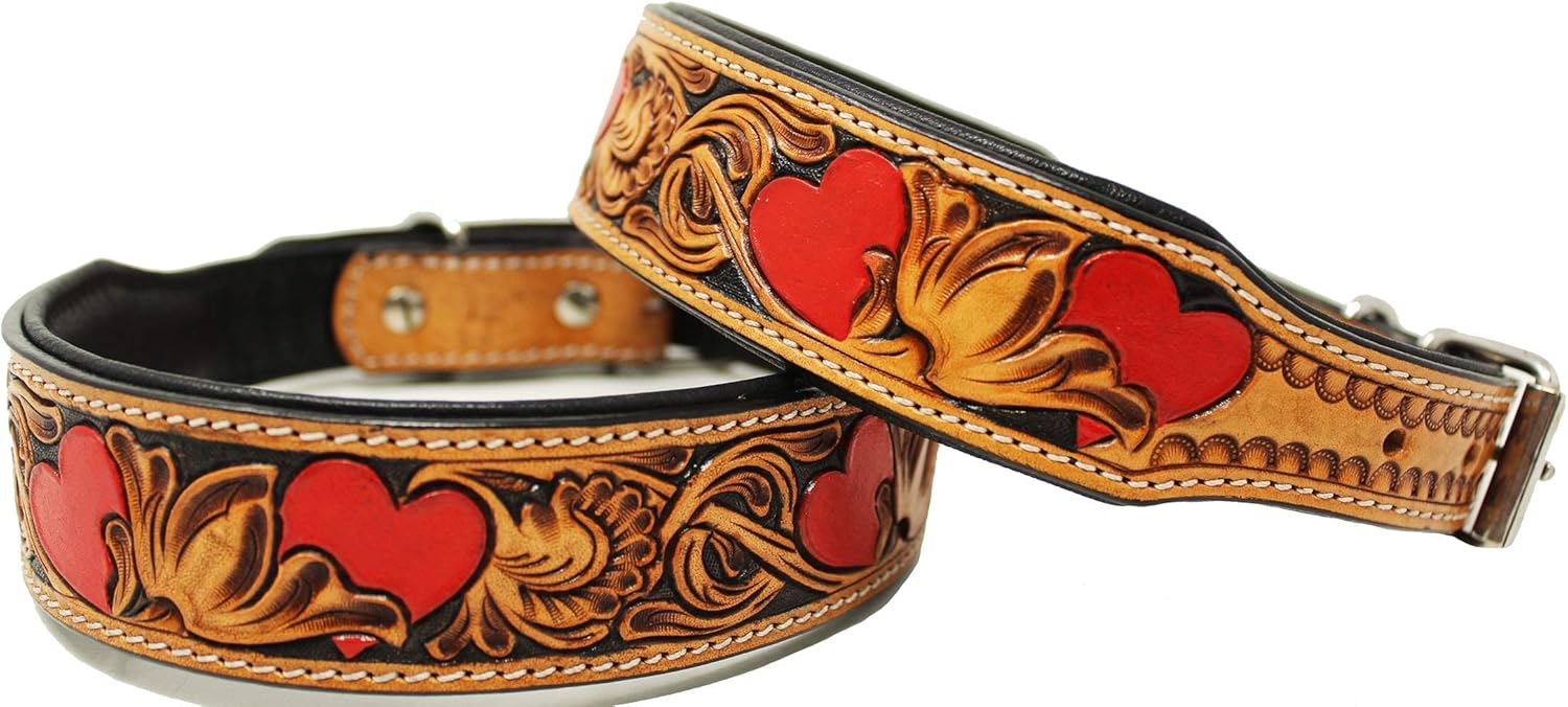 Large 21''- 25'' Heavy Duty Padded Leather Flower Tooled Hearts Dog Collar 60FK02